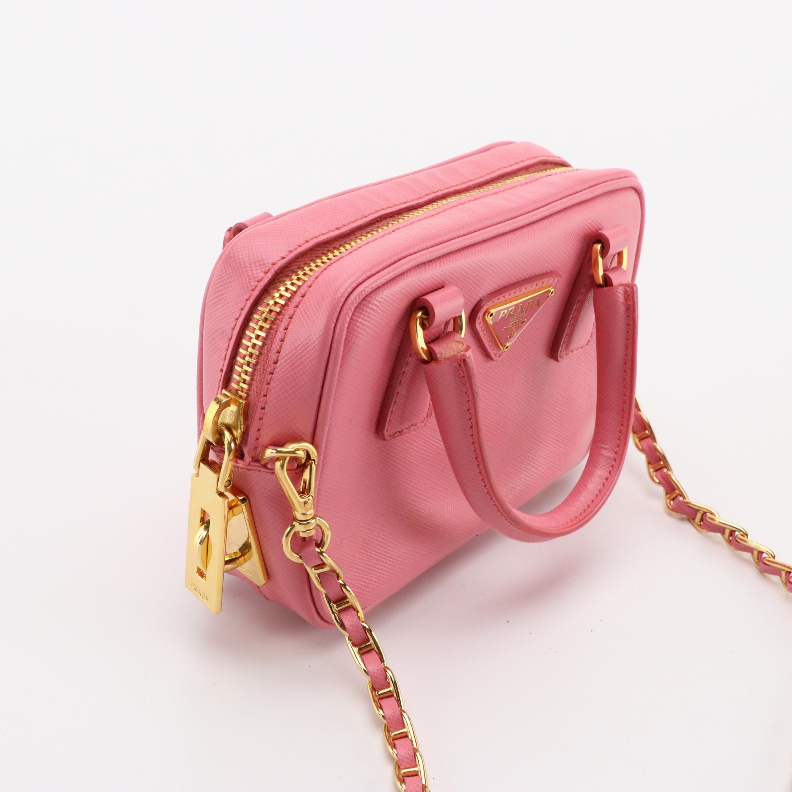 Prada Mini Top Handle Crossbody in Pink Saffiano Lux Leather