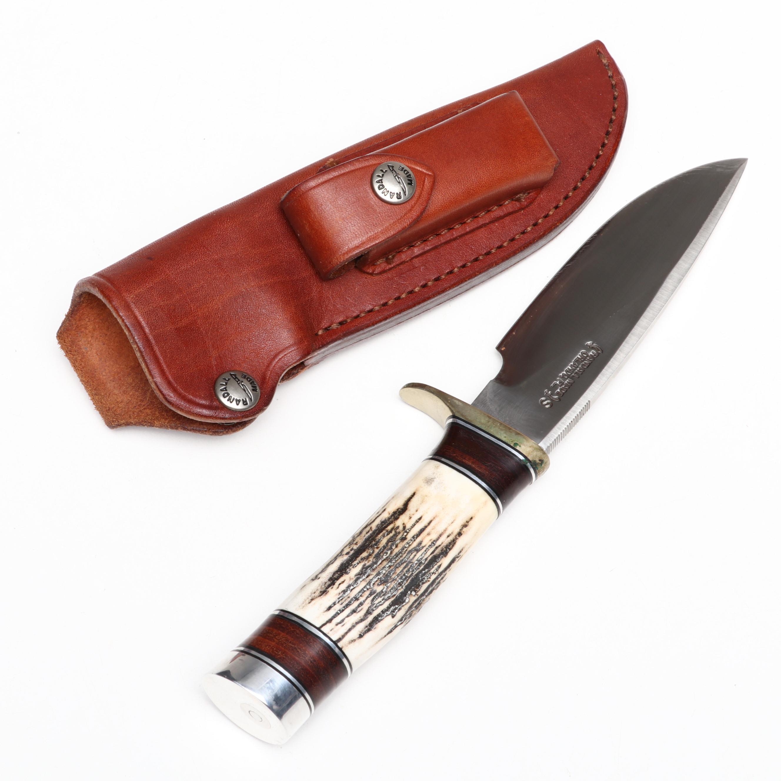 Randall Stainless Steel and Antler Handled Trapper Knife in Leather Scabbard