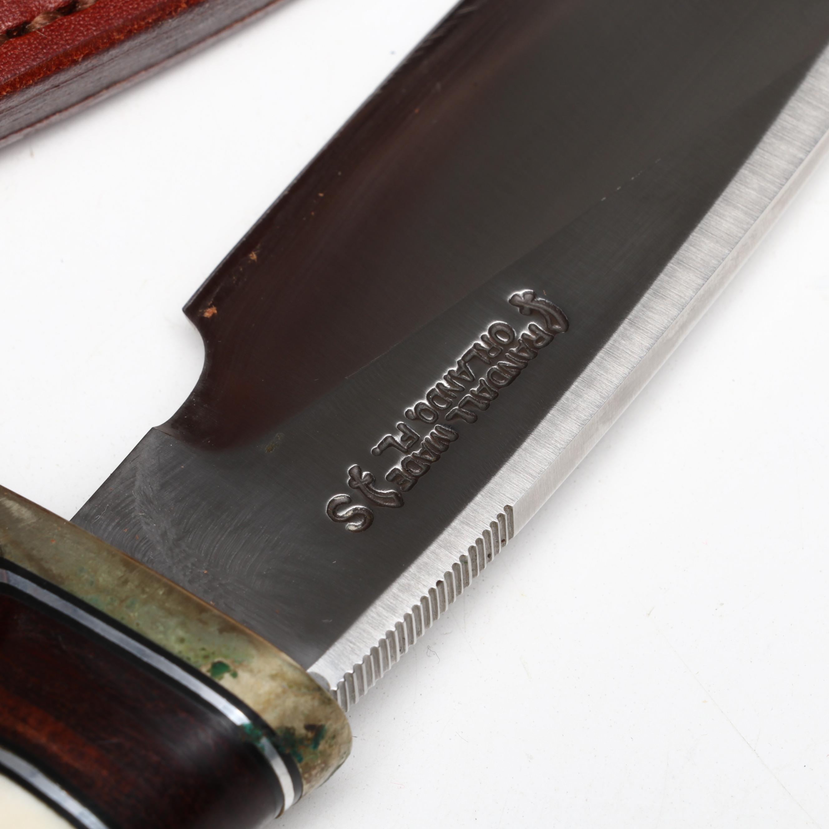 Randall Stainless Steel and Antler Handled Trapper Knife in Leather Scabbard