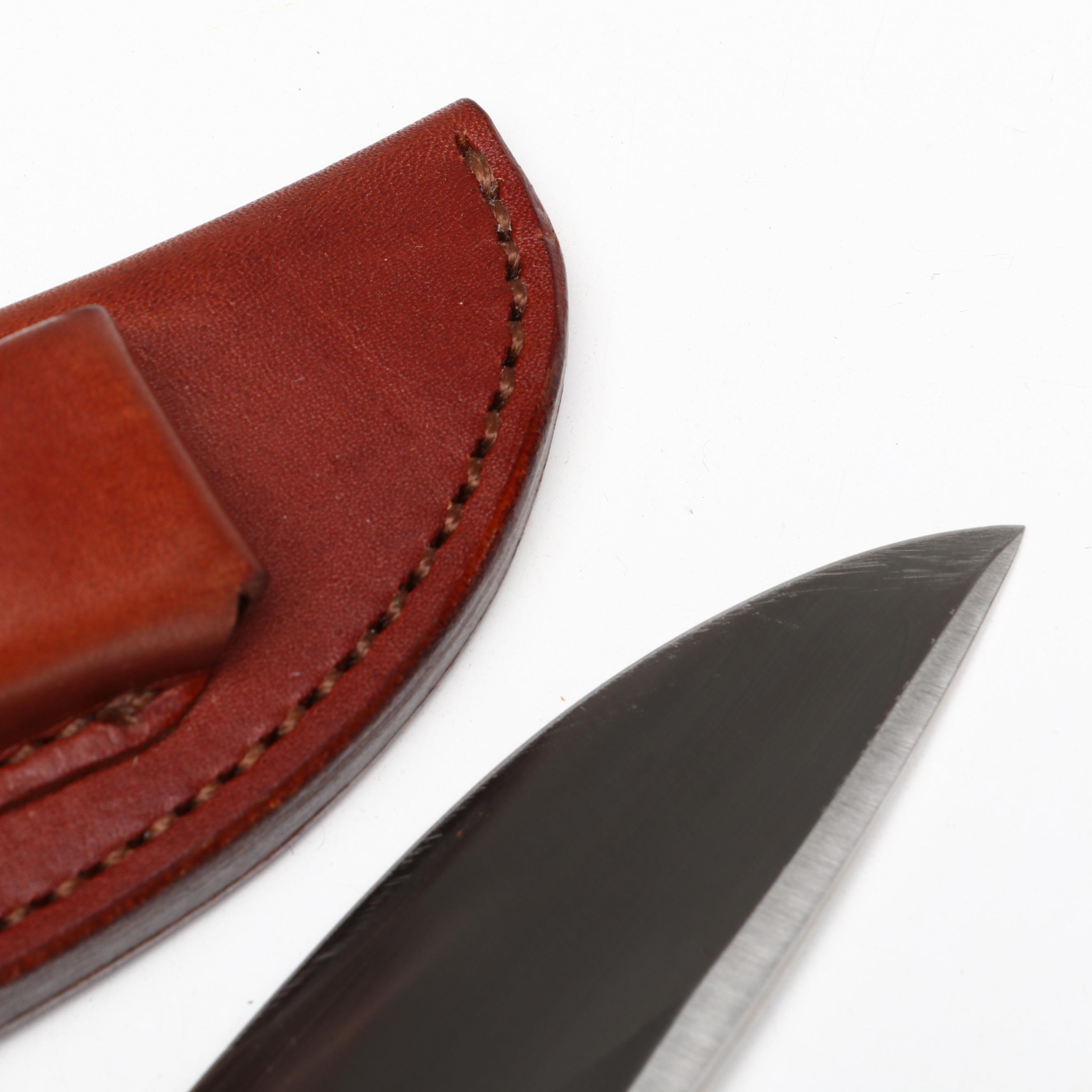 Randall Stainless Steel and Antler Handled Trapper Knife in Leather Scabbard