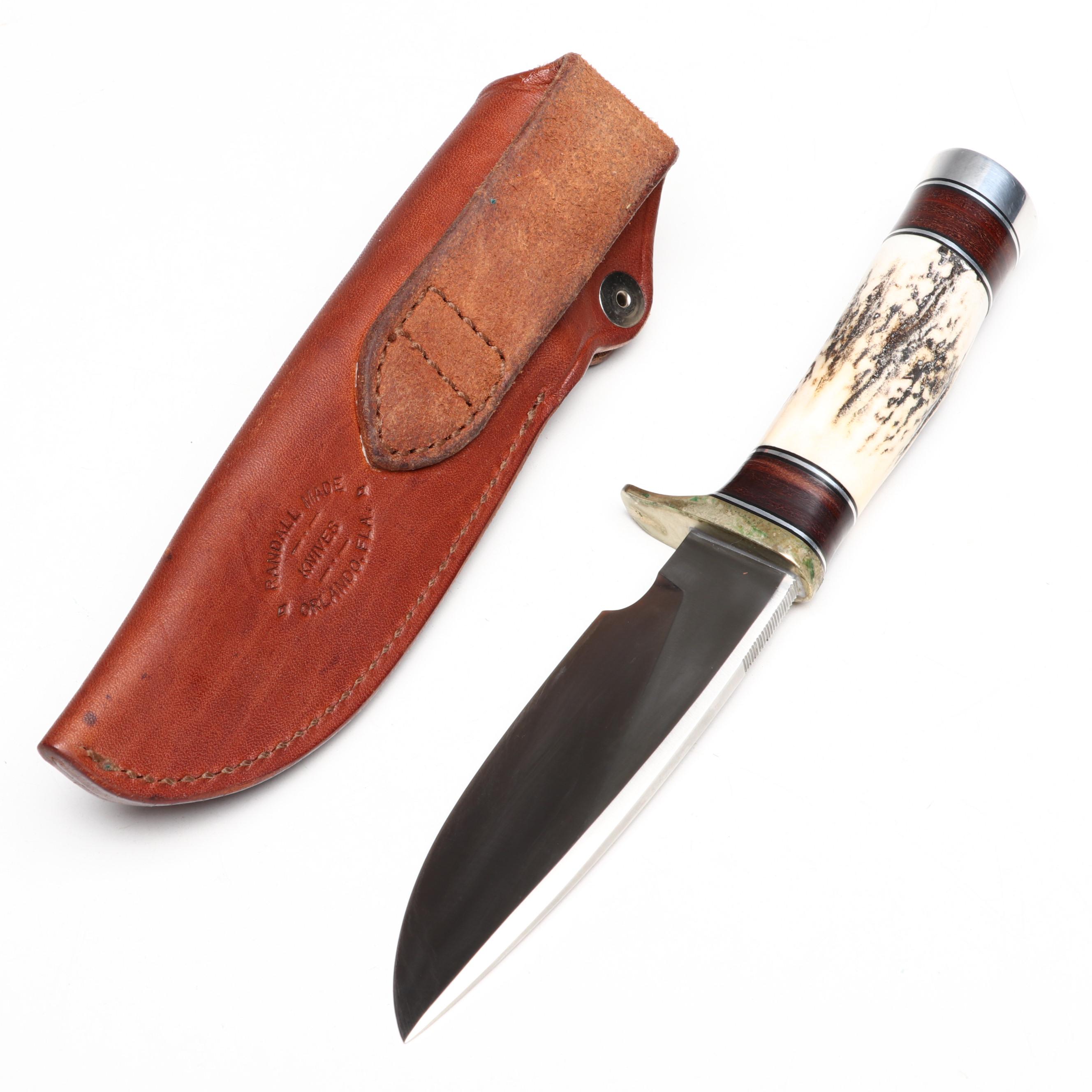 Randall Stainless Steel and Antler Handled Trapper Knife in Leather Scabbard