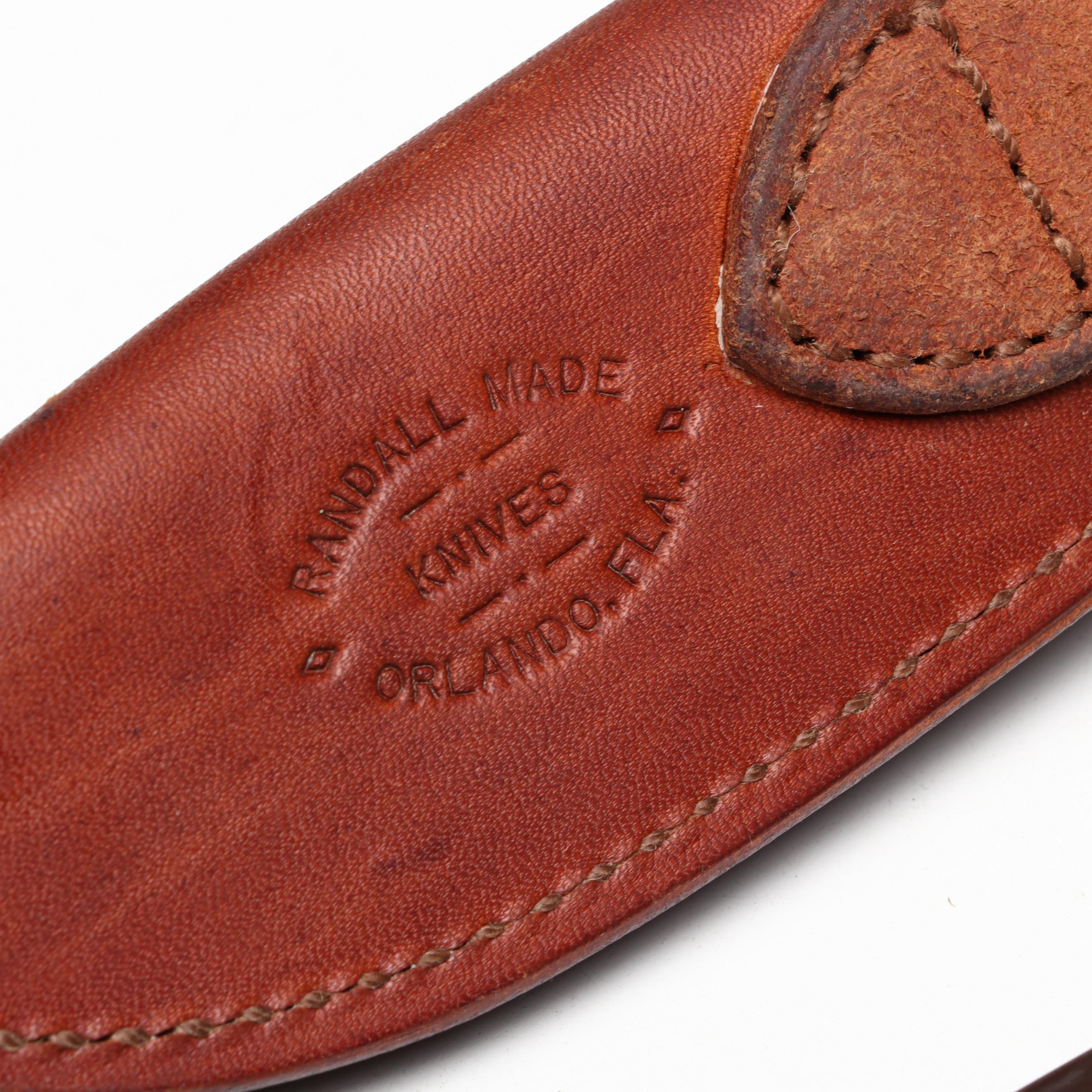 Randall Stainless Steel and Antler Handled Trapper Knife in Leather Scabbard