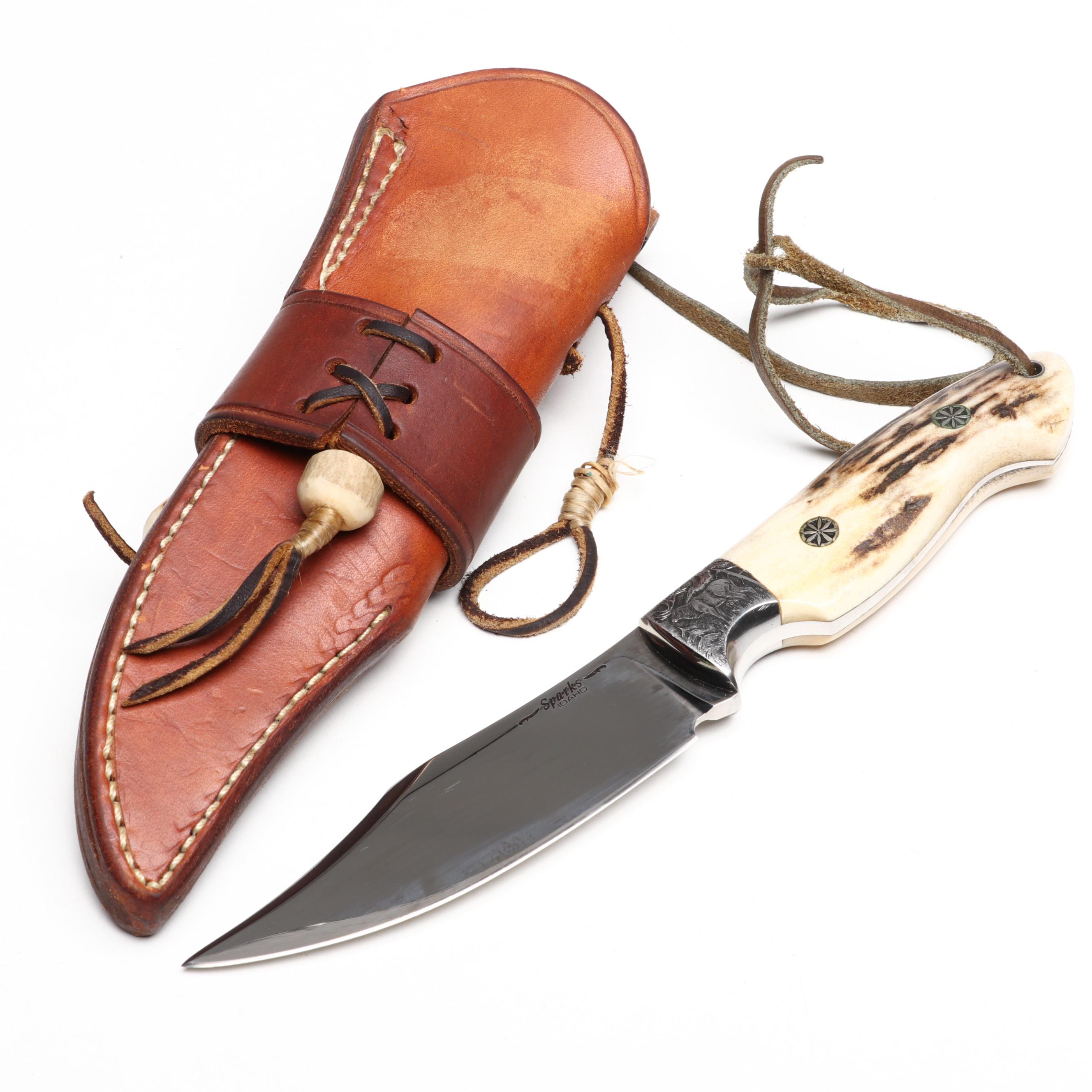 Bernard Sparks Stainless and Antler Handled Engraved Hunting Knife in Scabbard