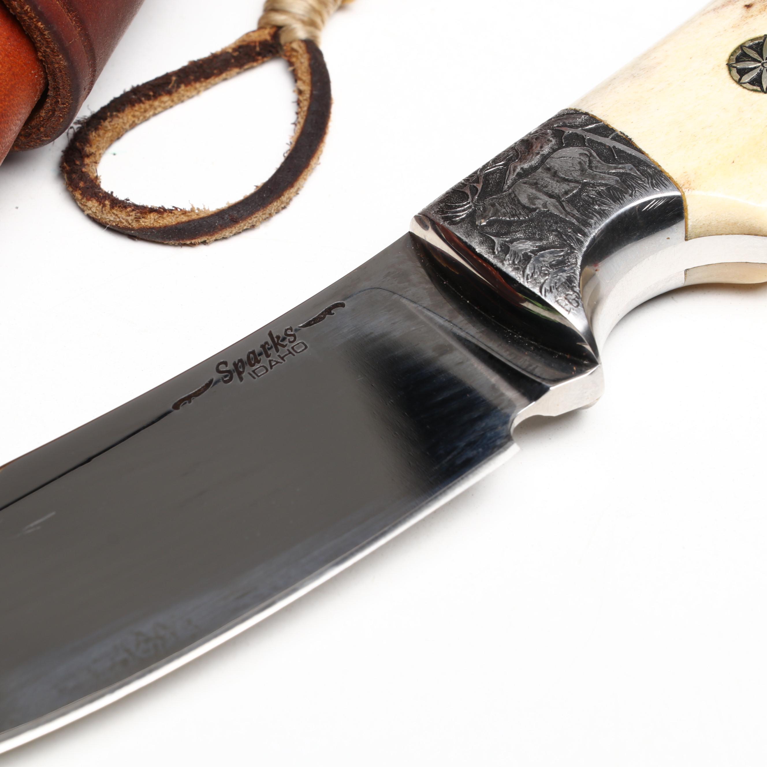 Bernard Sparks Stainless and Antler Handled Engraved Hunting Knife in Scabbard