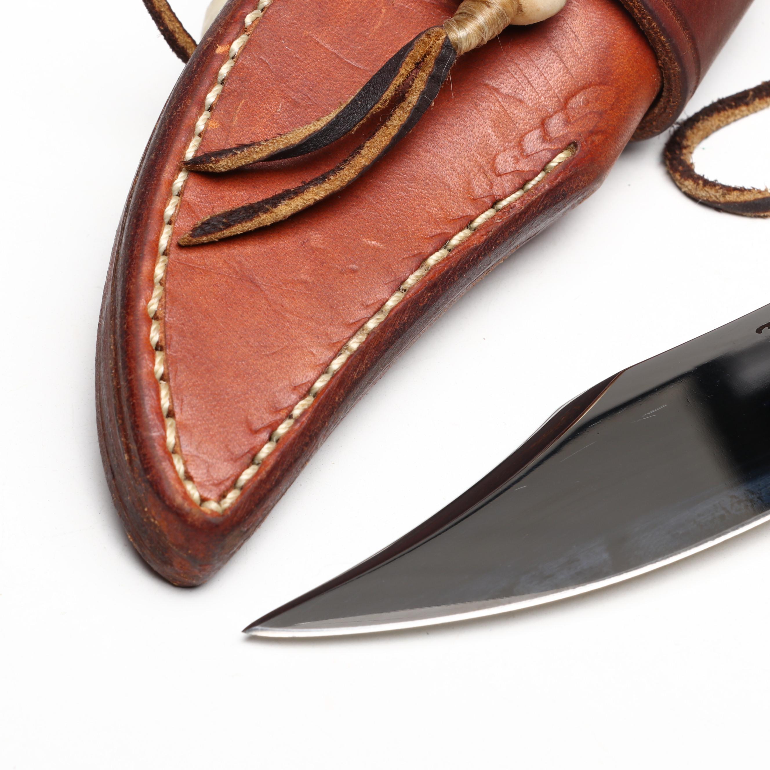 Bernard Sparks Stainless and Antler Handled Engraved Hunting Knife in Scabbard