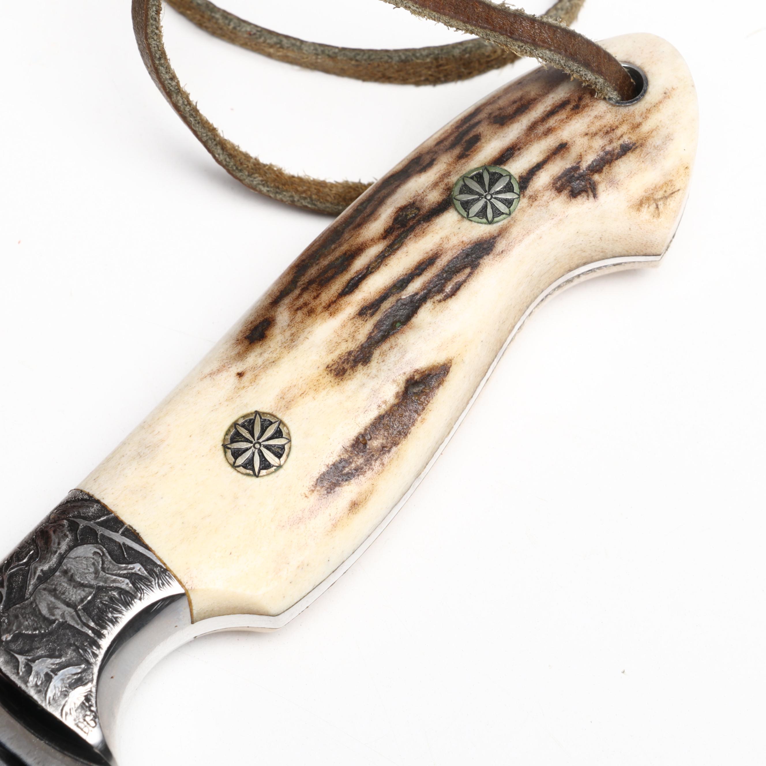 Bernard Sparks Stainless and Antler Handled Engraved Hunting Knife in Scabbard