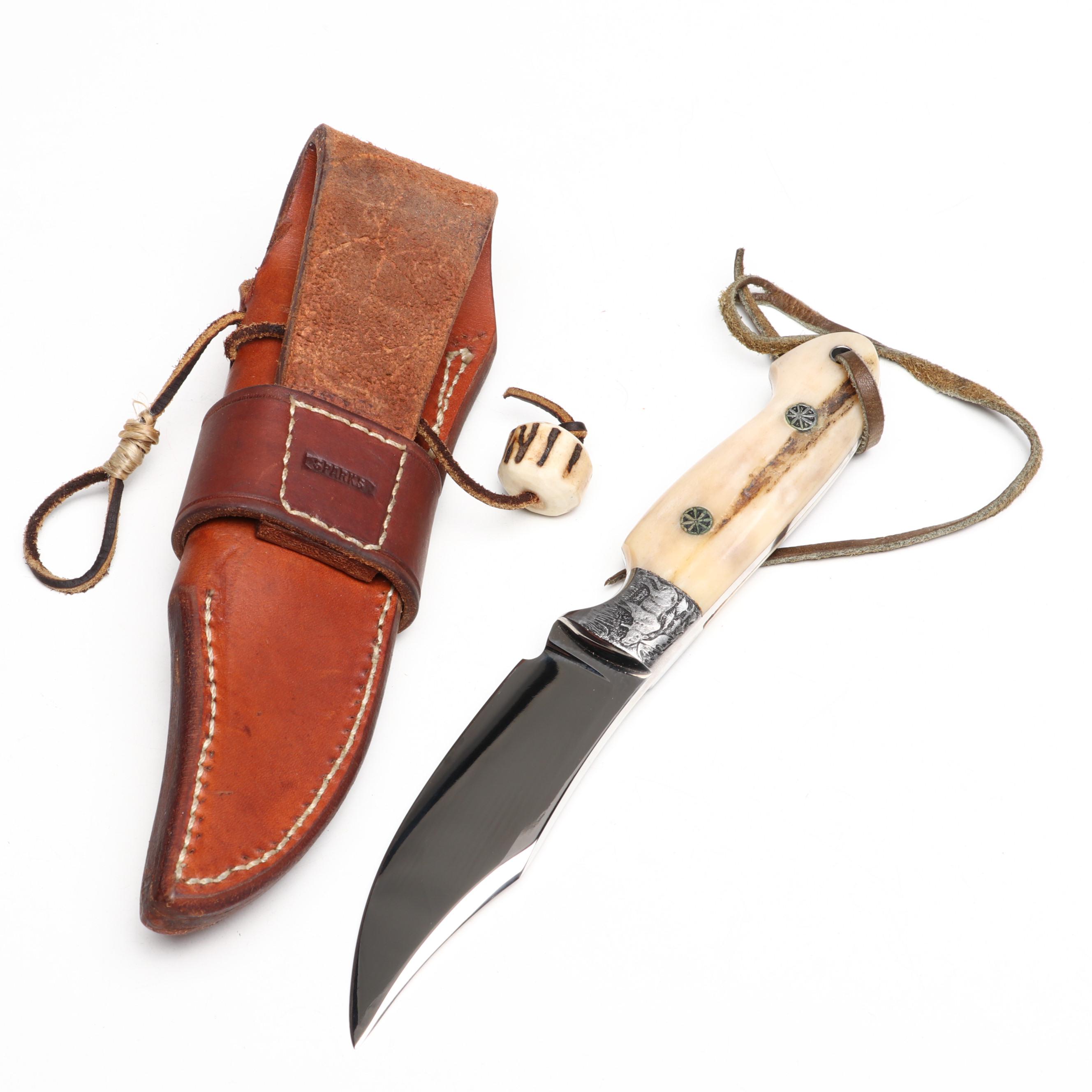 Bernard Sparks Stainless and Antler Handled Engraved Hunting Knife in Scabbard