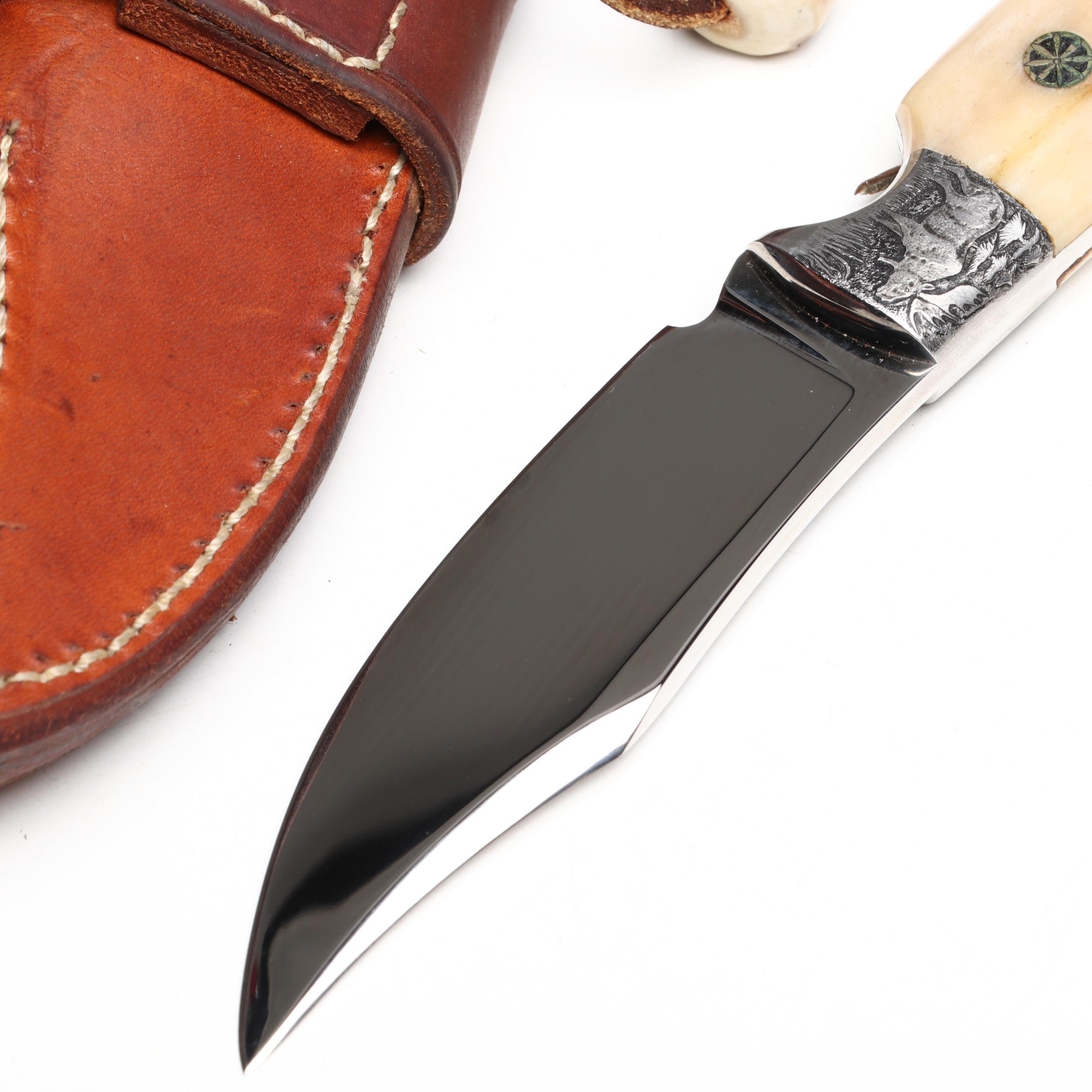 Bernard Sparks Stainless and Antler Handled Engraved Hunting Knife in Scabbard