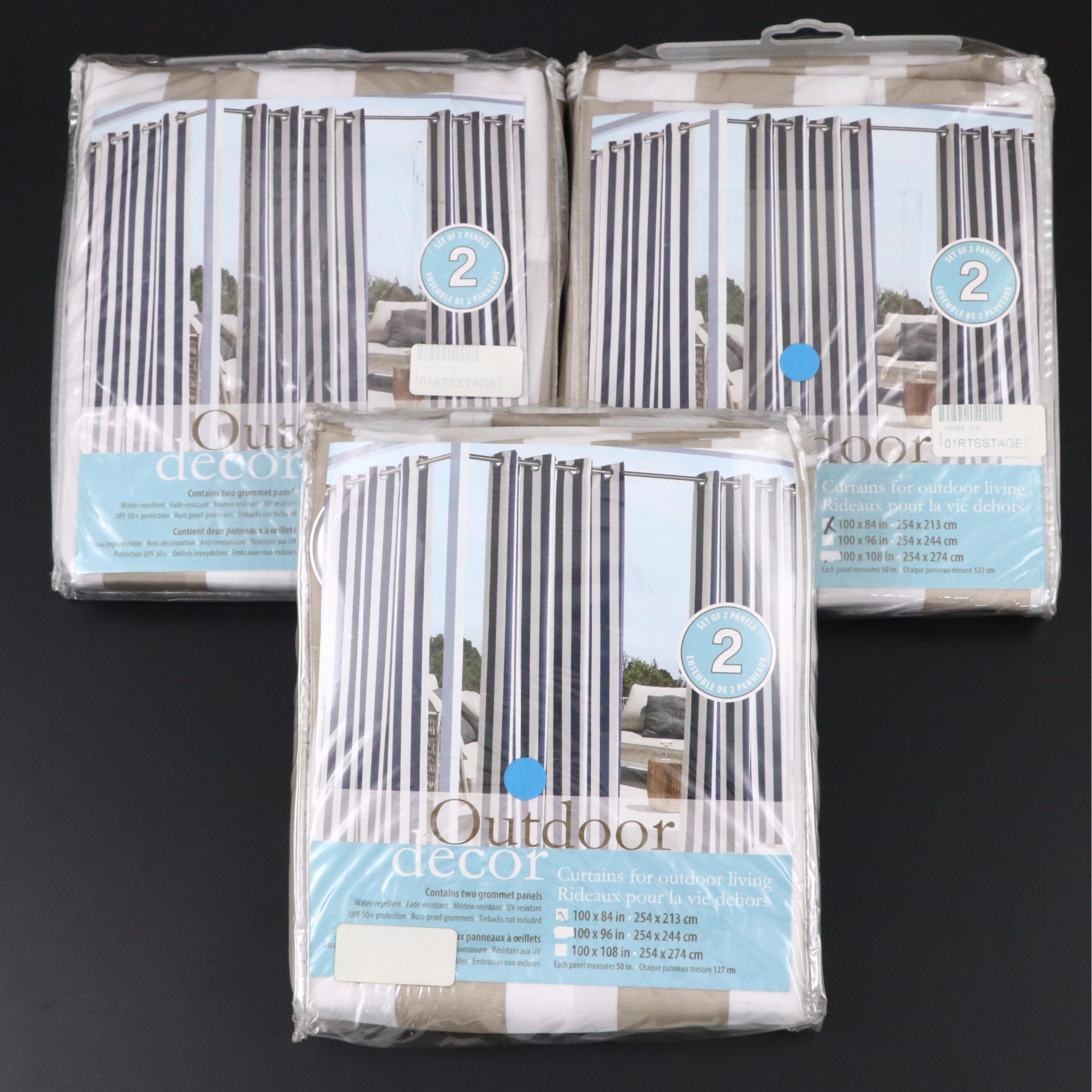 Outdoor Decor 84" Grommet Top Taupe & White Striped Patio Curtains, Set of Six