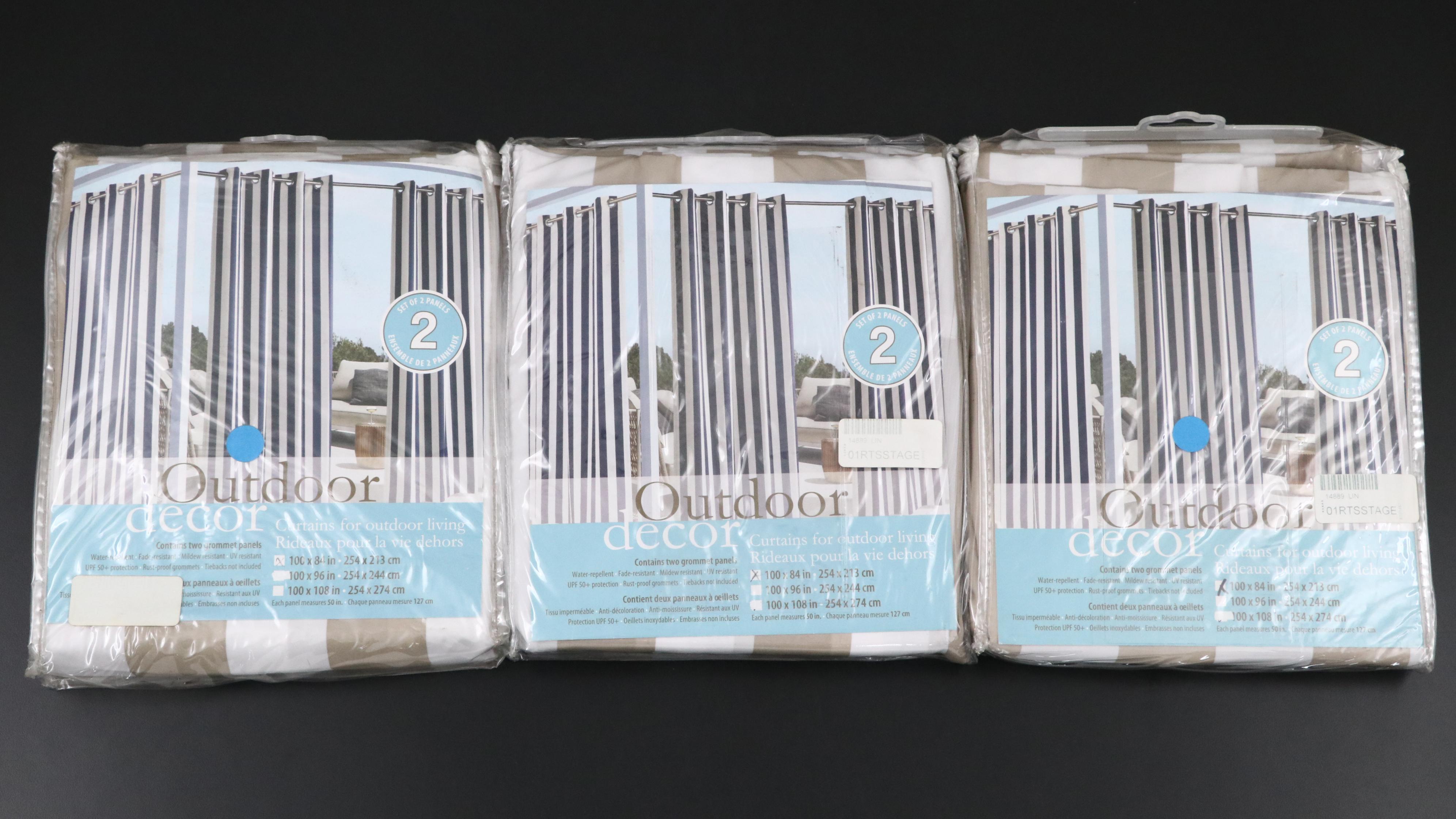 Outdoor Decor 84" Grommet Top Taupe & White Striped Patio Curtains, Set of Six