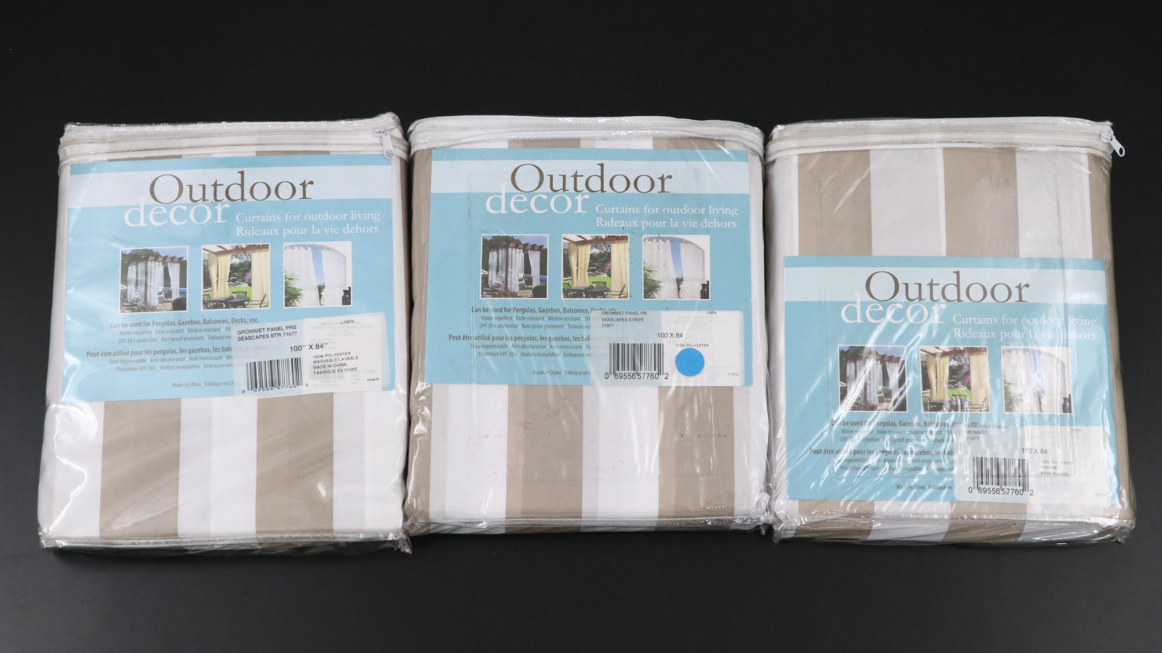 Outdoor Decor 84" Grommet Top Taupe & White Striped Patio Curtains, Set of Six