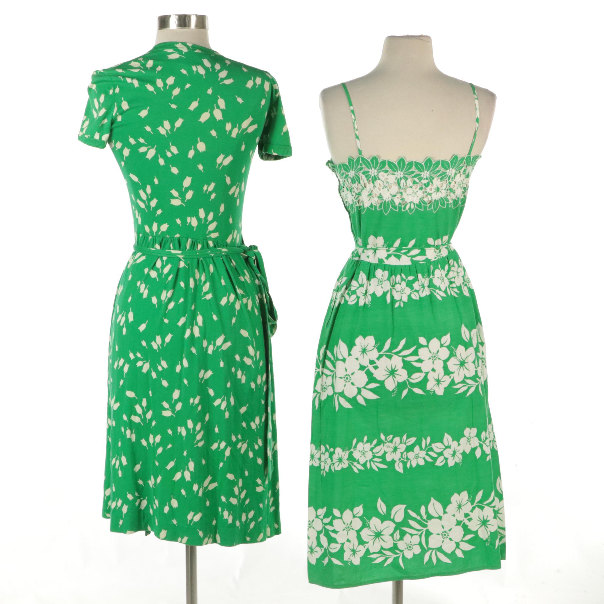 Diane Von Furstenburg Green Tulip Print Cotton Wrap Dress, Other Handmade Dress
