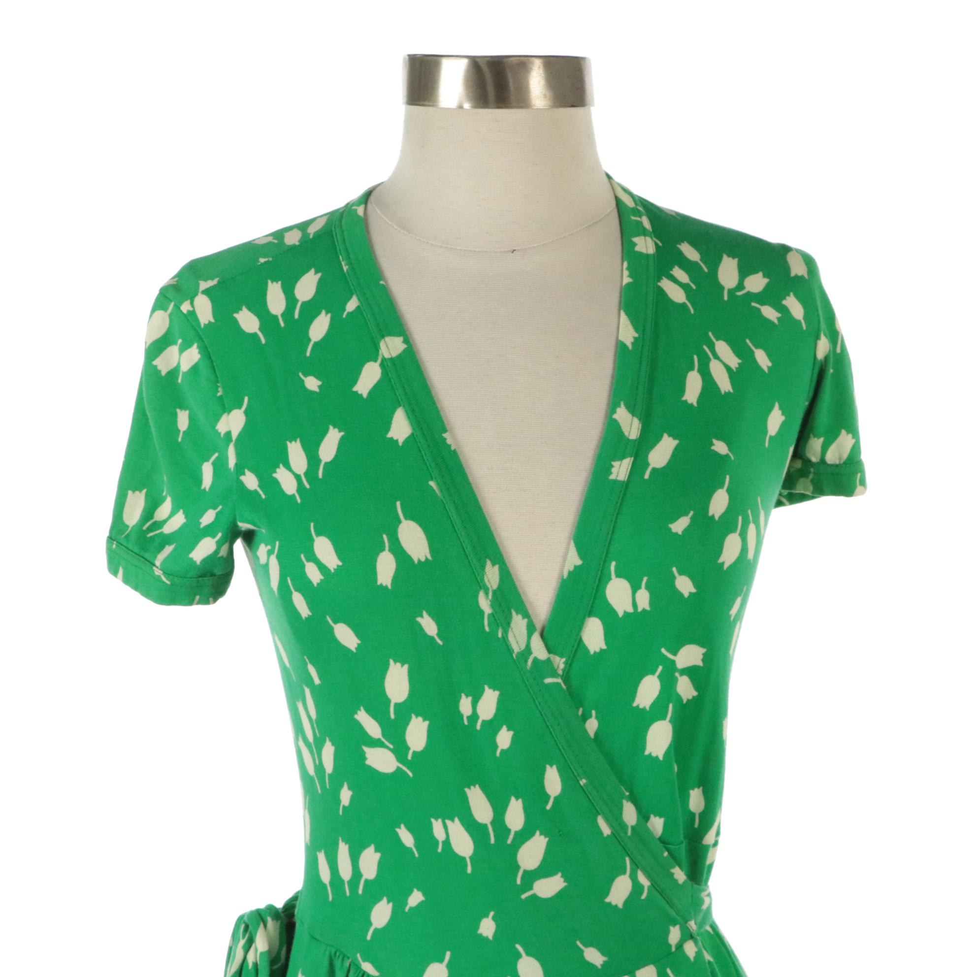 Diane Von Furstenburg Green Tulip Print Cotton Wrap Dress, Other Handmade Dress