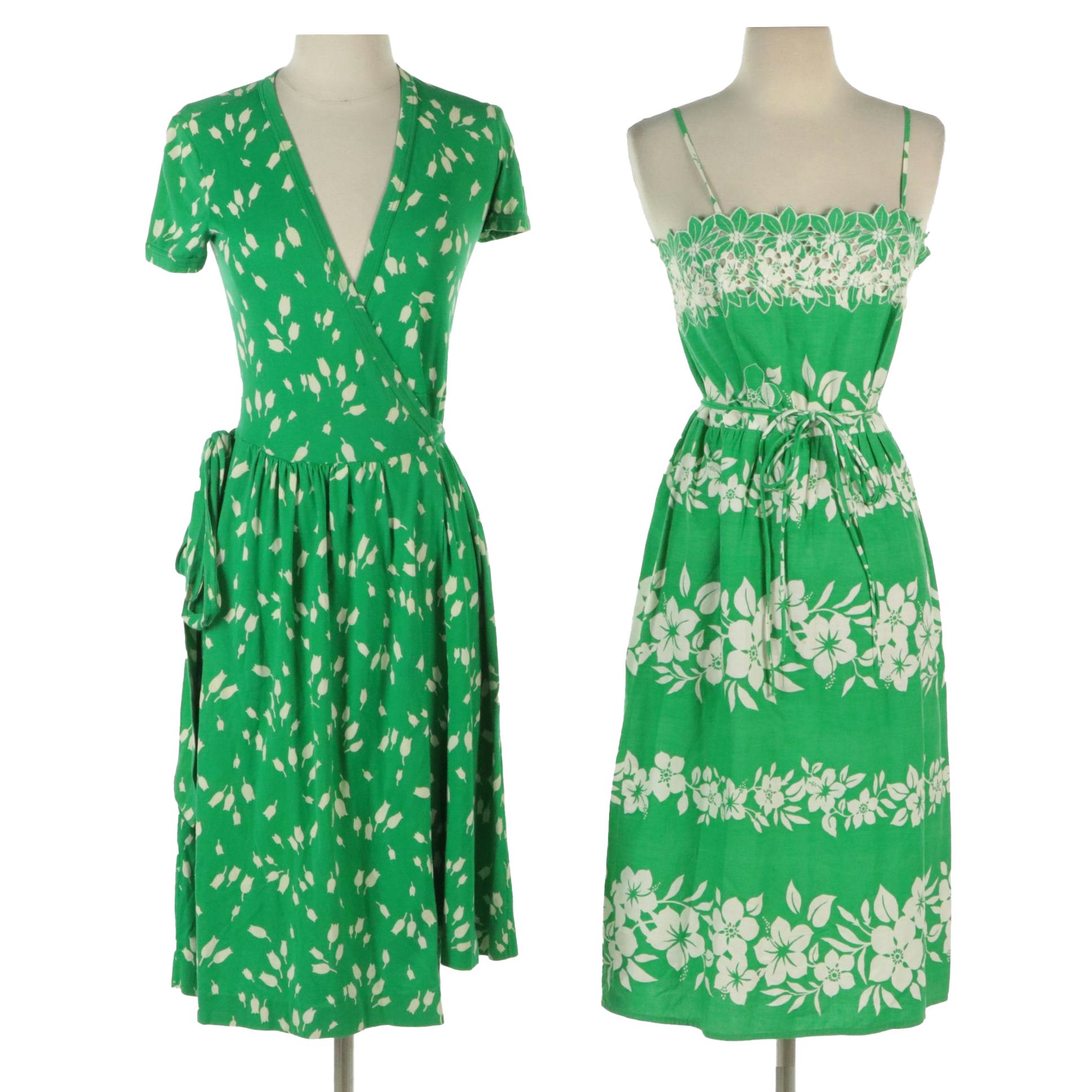 Diane Von Furstenburg Green Tulip Print Cotton Wrap Dress, Other Handmade Dress