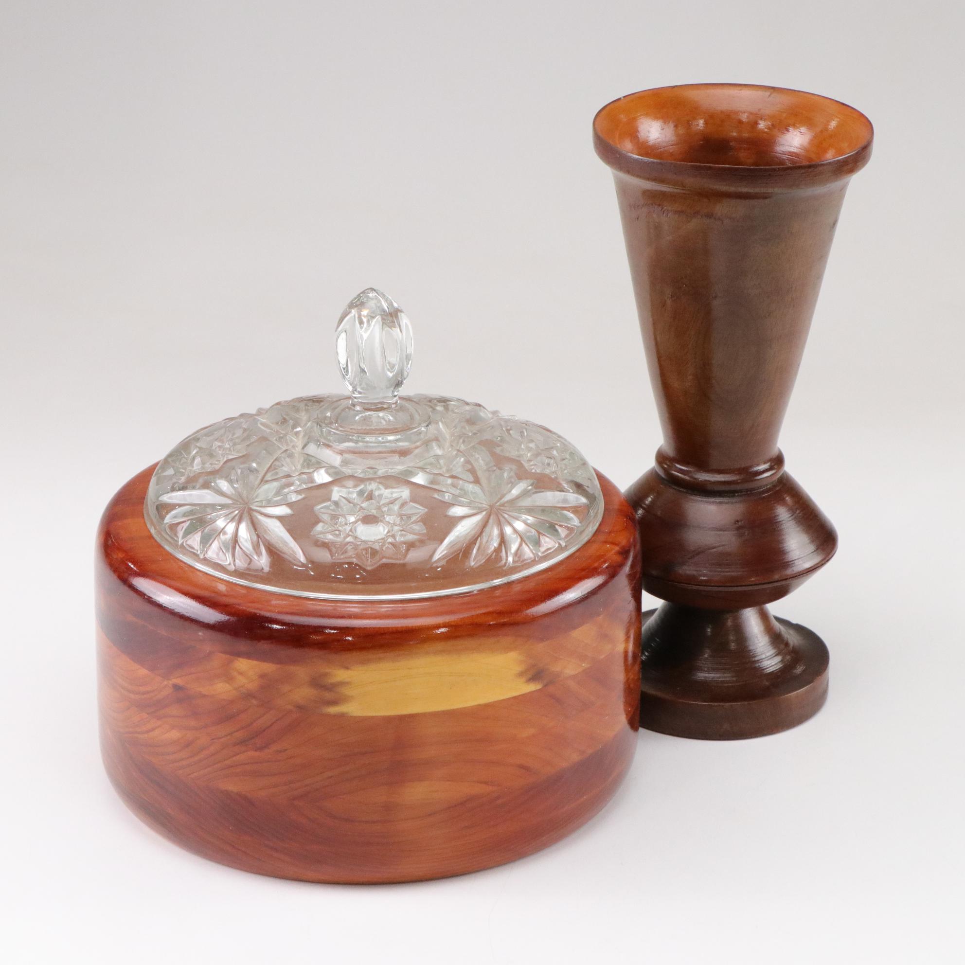 Wood Tabletop Accents Include Turned Vase and Glass Lidded Dish