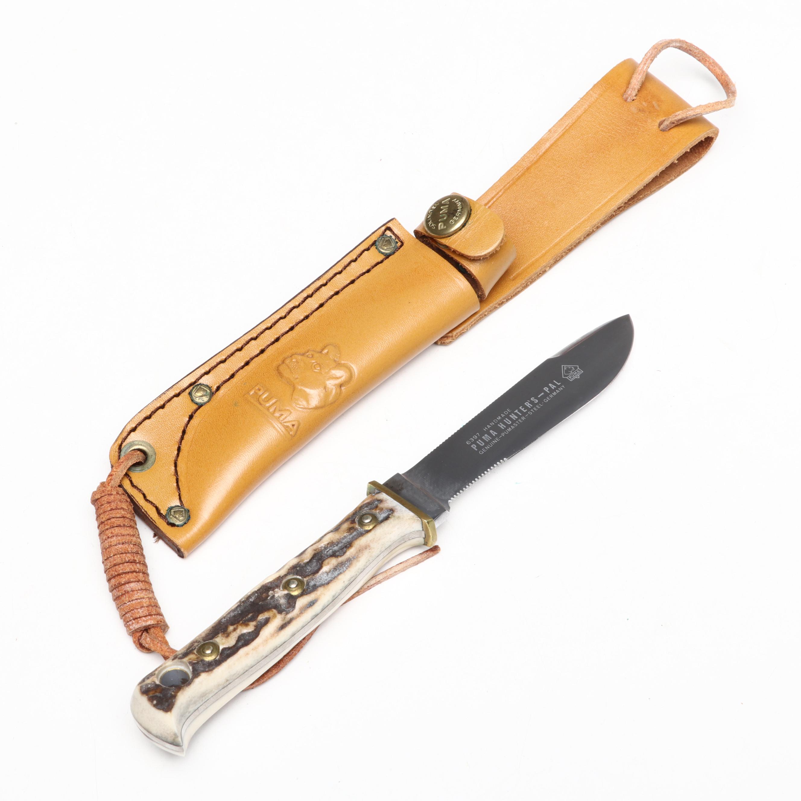 Puma "Hunter's Pal" Stainless and Antler Handled Fixed Blade Knife in Scabbard