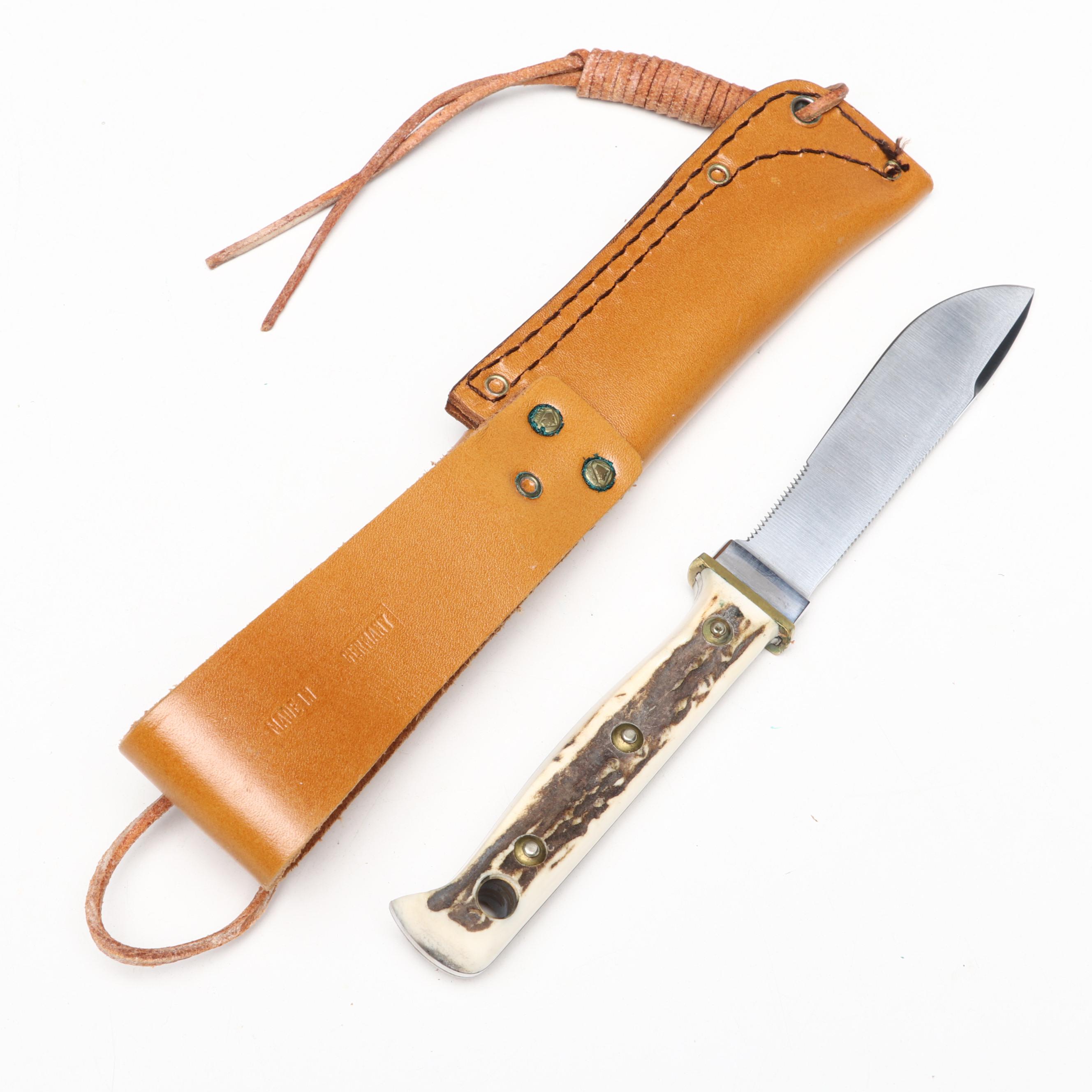 Puma "Hunter's Pal" Stainless and Antler Handled Fixed Blade Knife in Scabbard