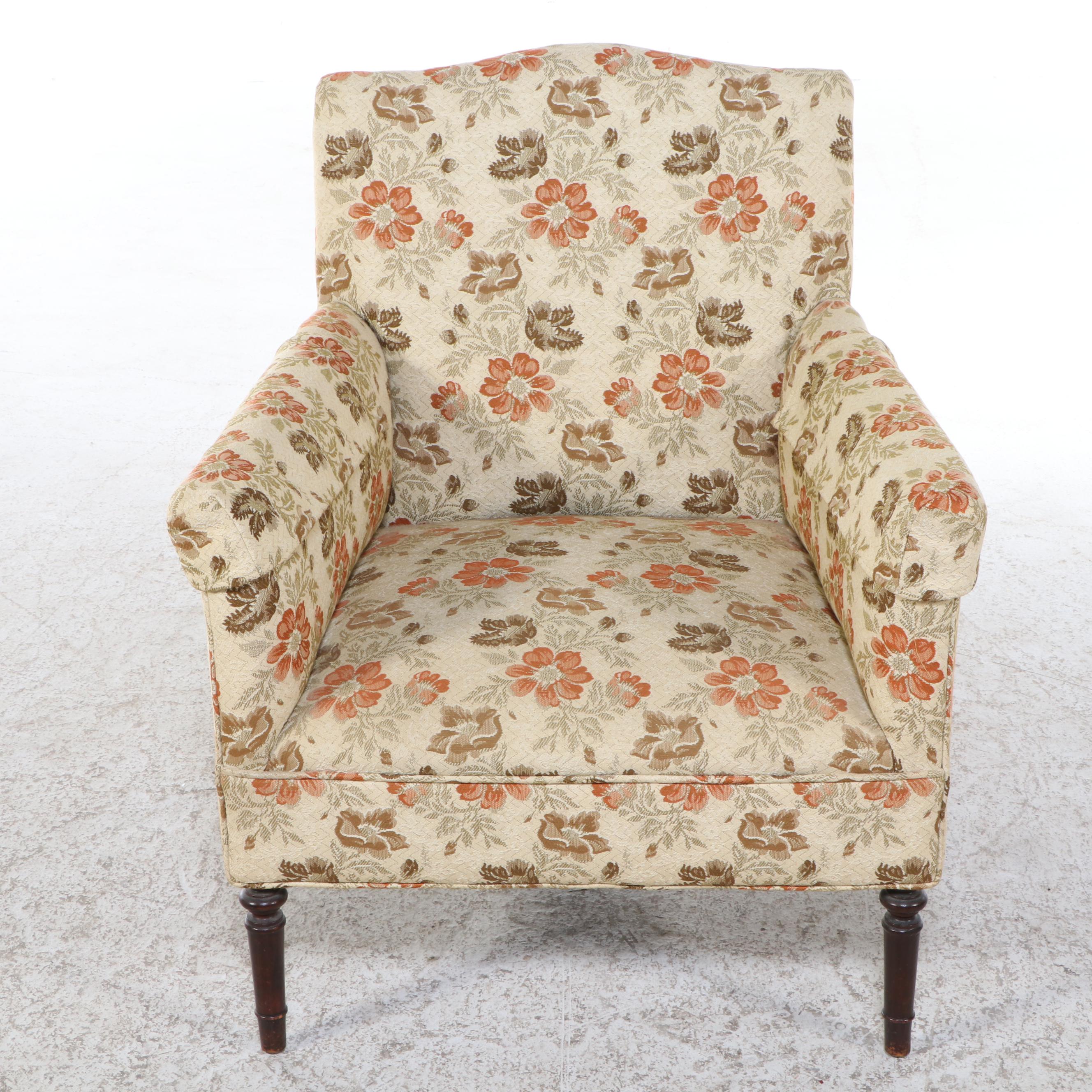 Sheraton Style Floral Upholstered  Mahogany Slipper Chair, Mid-20th Century