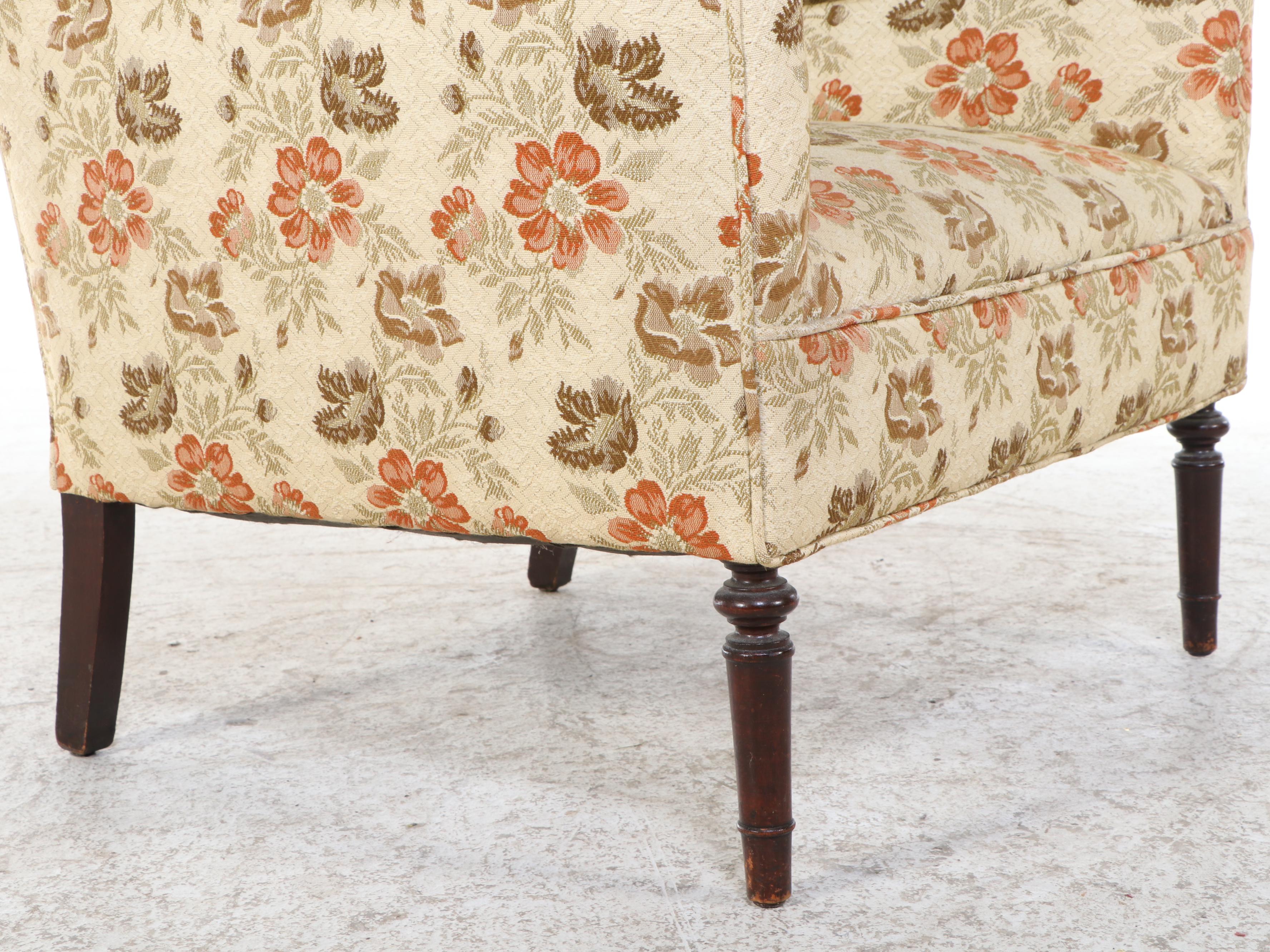 Sheraton Style Floral Upholstered  Mahogany Slipper Chair, Mid-20th Century