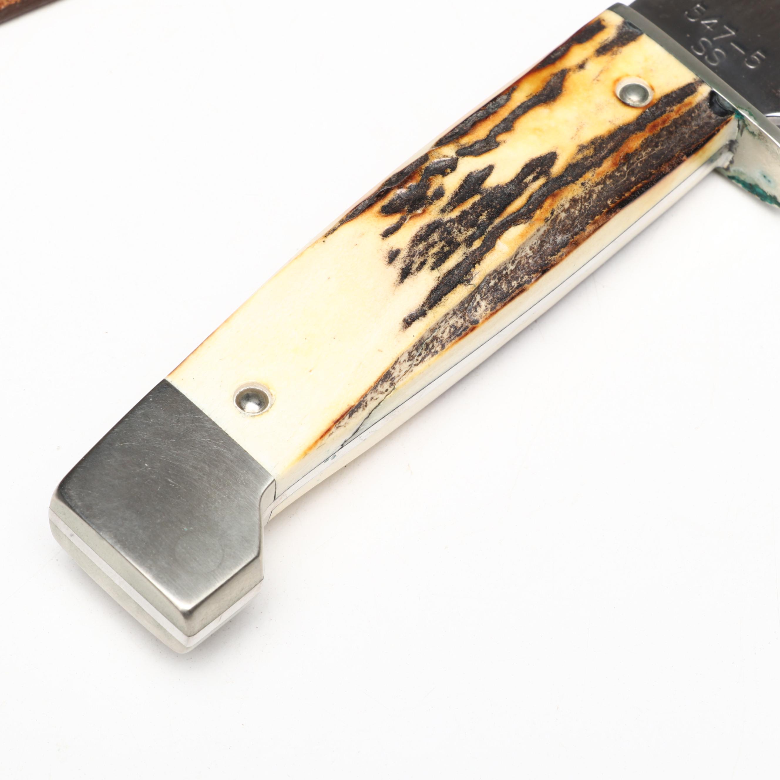 Case Model 547-5 Stainless and Antler Handled Fixed Blade Knife in Scabbard