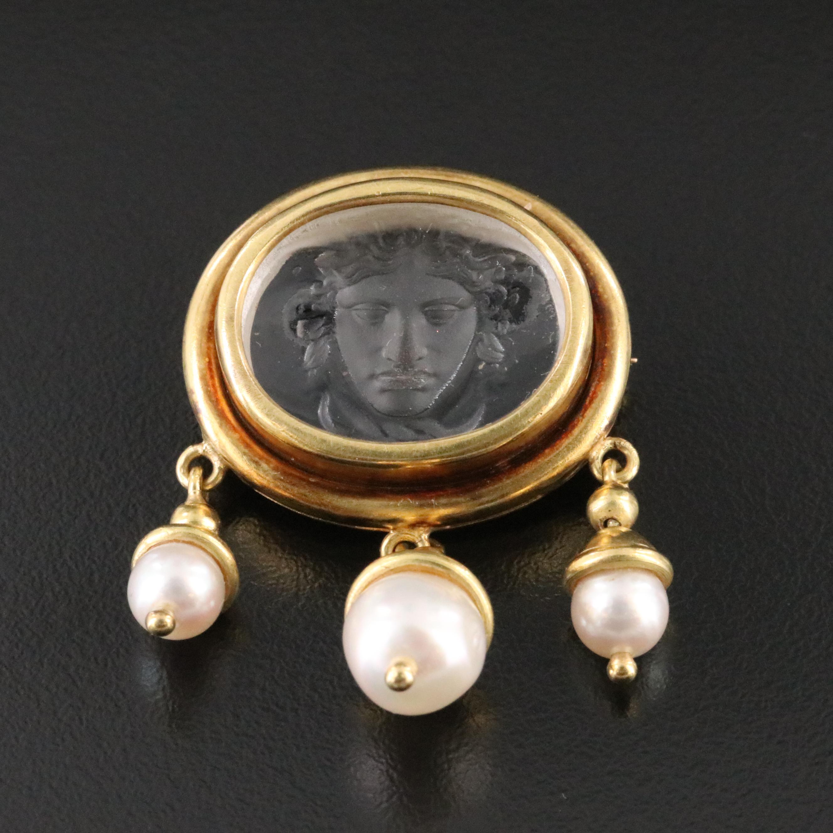 Elizabeth Locke 18K Pearl and Glass Intaglio Medusa Converter Brooch