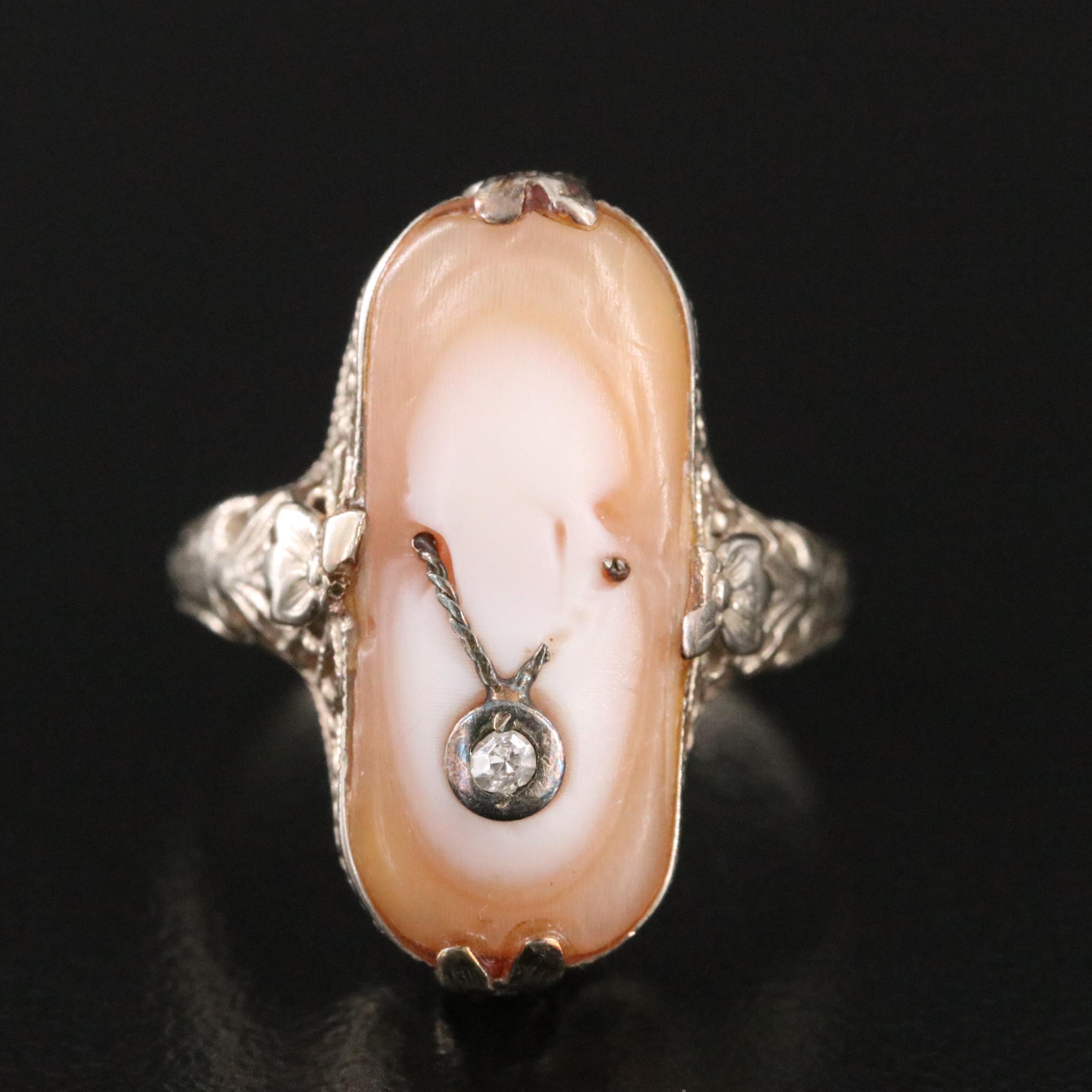Vintage 14K Shell Cameo and Diamond Habillé Ring