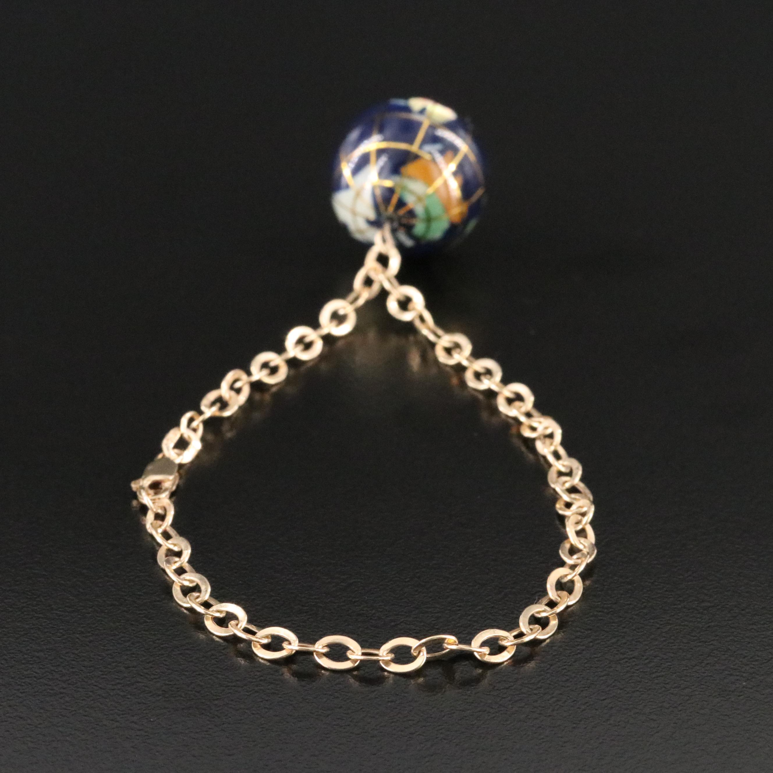 10K Bracelet with Gemstone Globe Charm Including Unakite, Abalone and Jadeite