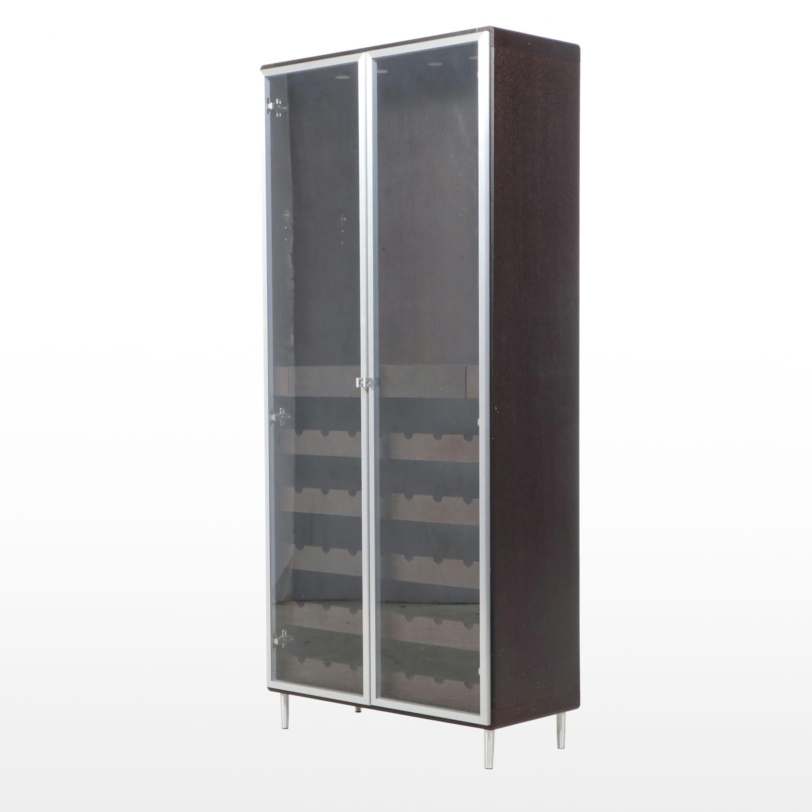 Modernist Style Oak Bar Cabinet with Bottle Storage and Glass Doors