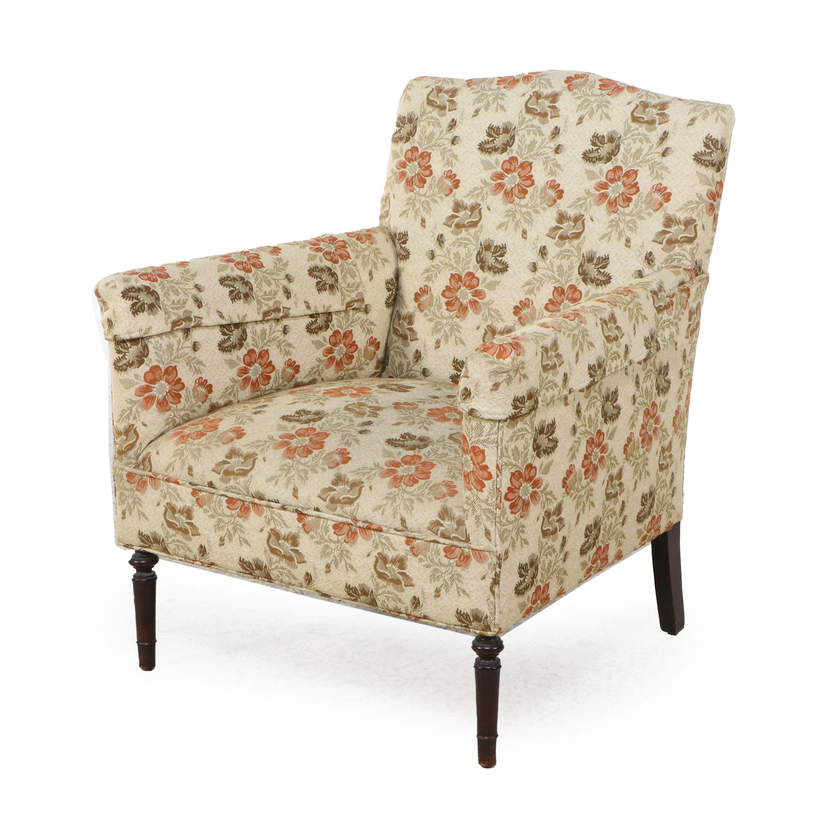 Sheraton Style Floral Upholstered  Mahogany Slipper Chair, Mid-20th Century