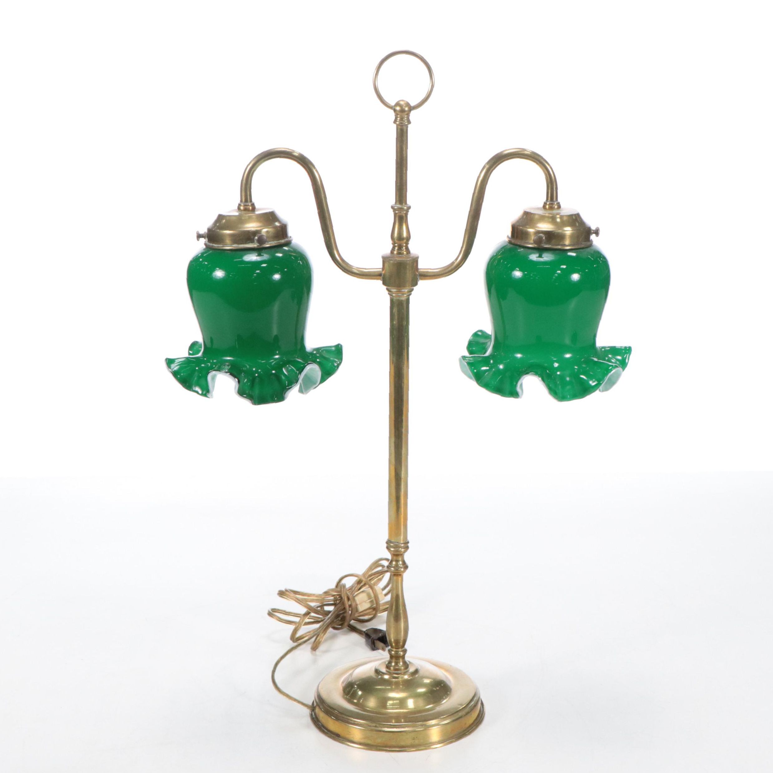 Brass Double-Arm Student Library Lamp & Green Case Glass Shades, Early 20th C