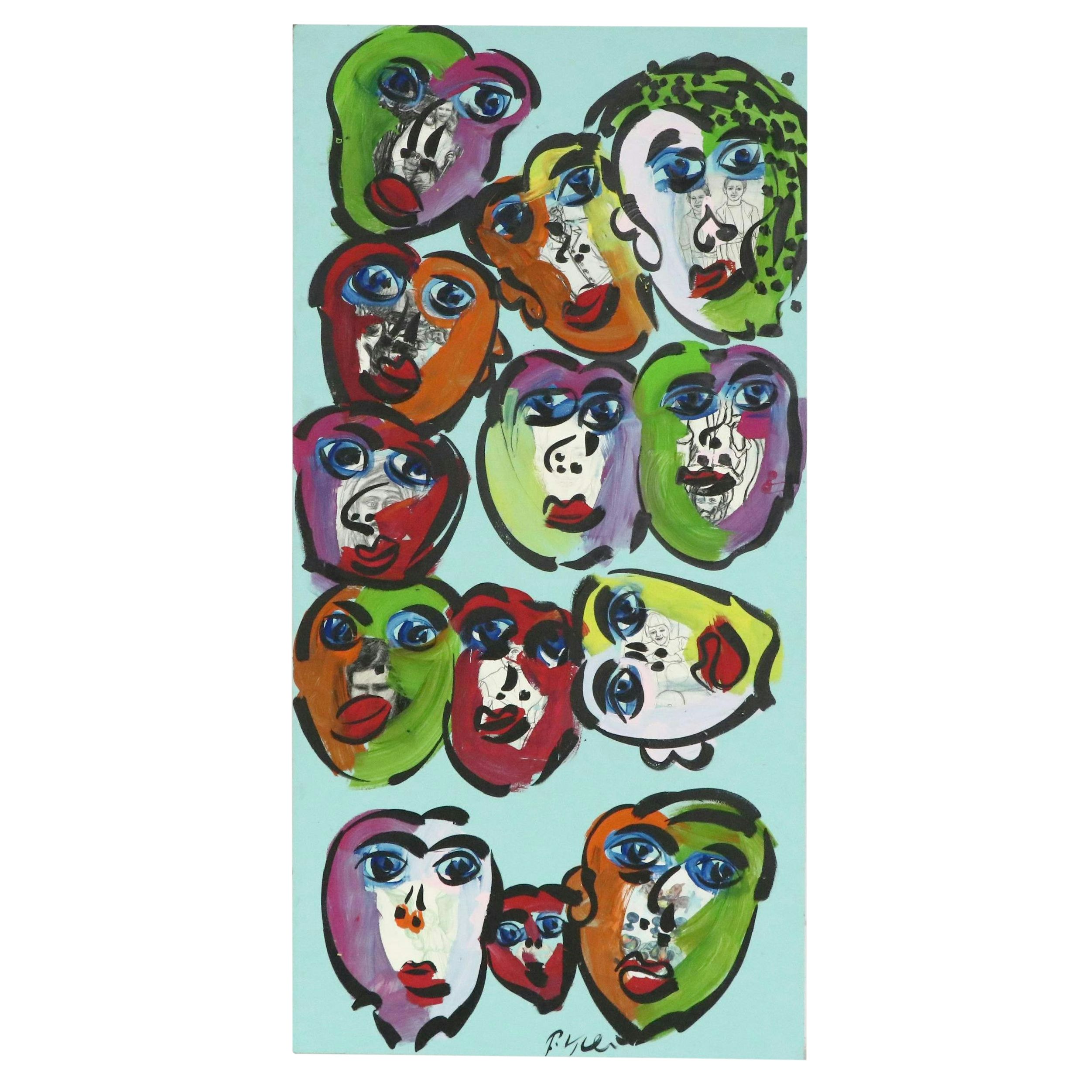 Large-Scale Peter Kiel Many Faces Multicolor Abstract Acrylic Painting