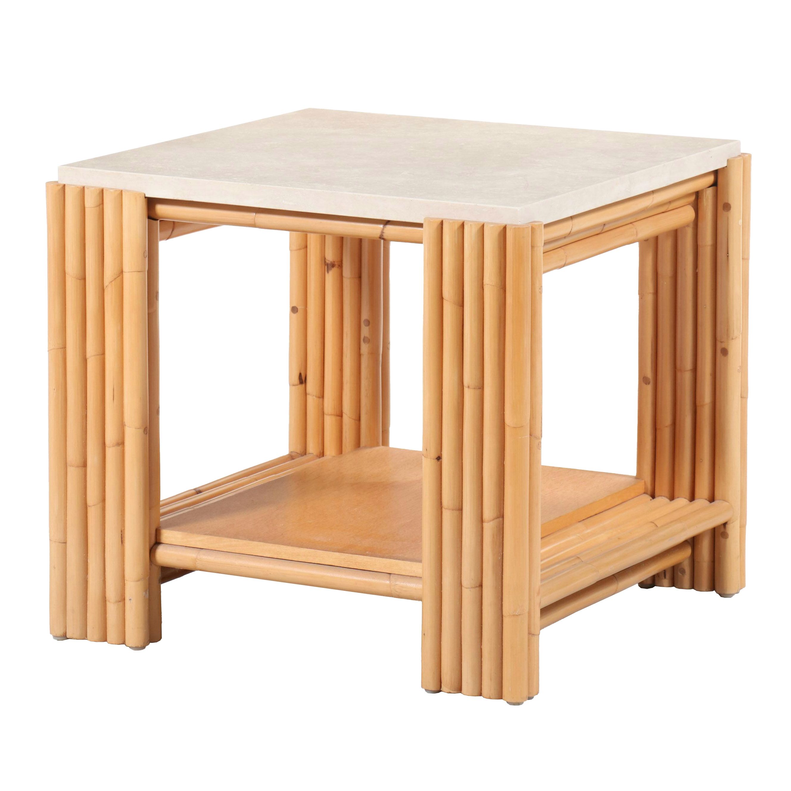 Modernist Style Rattan and Stone Top Side Table