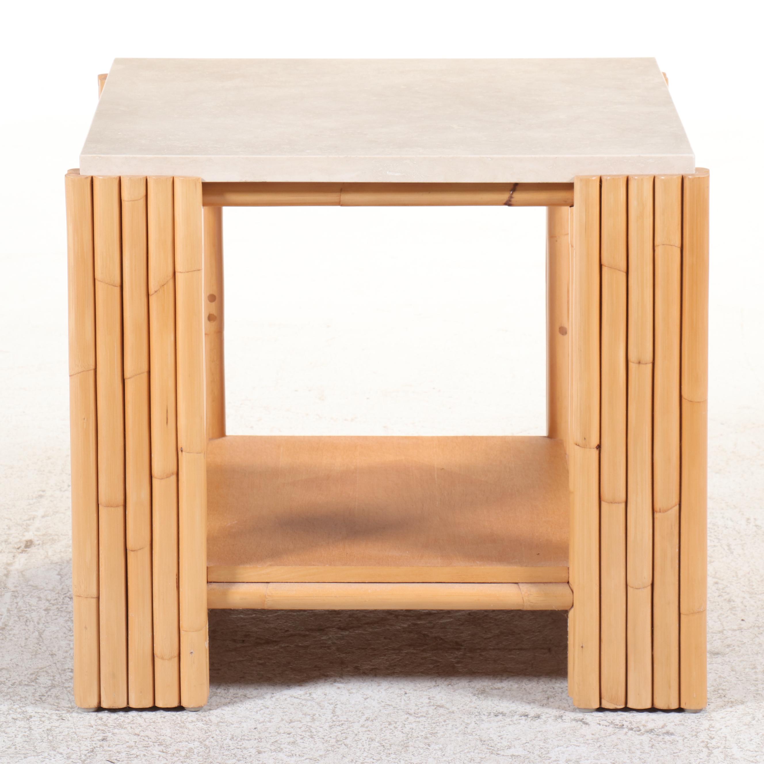 Modernist Style Rattan and Stone Top Side Table