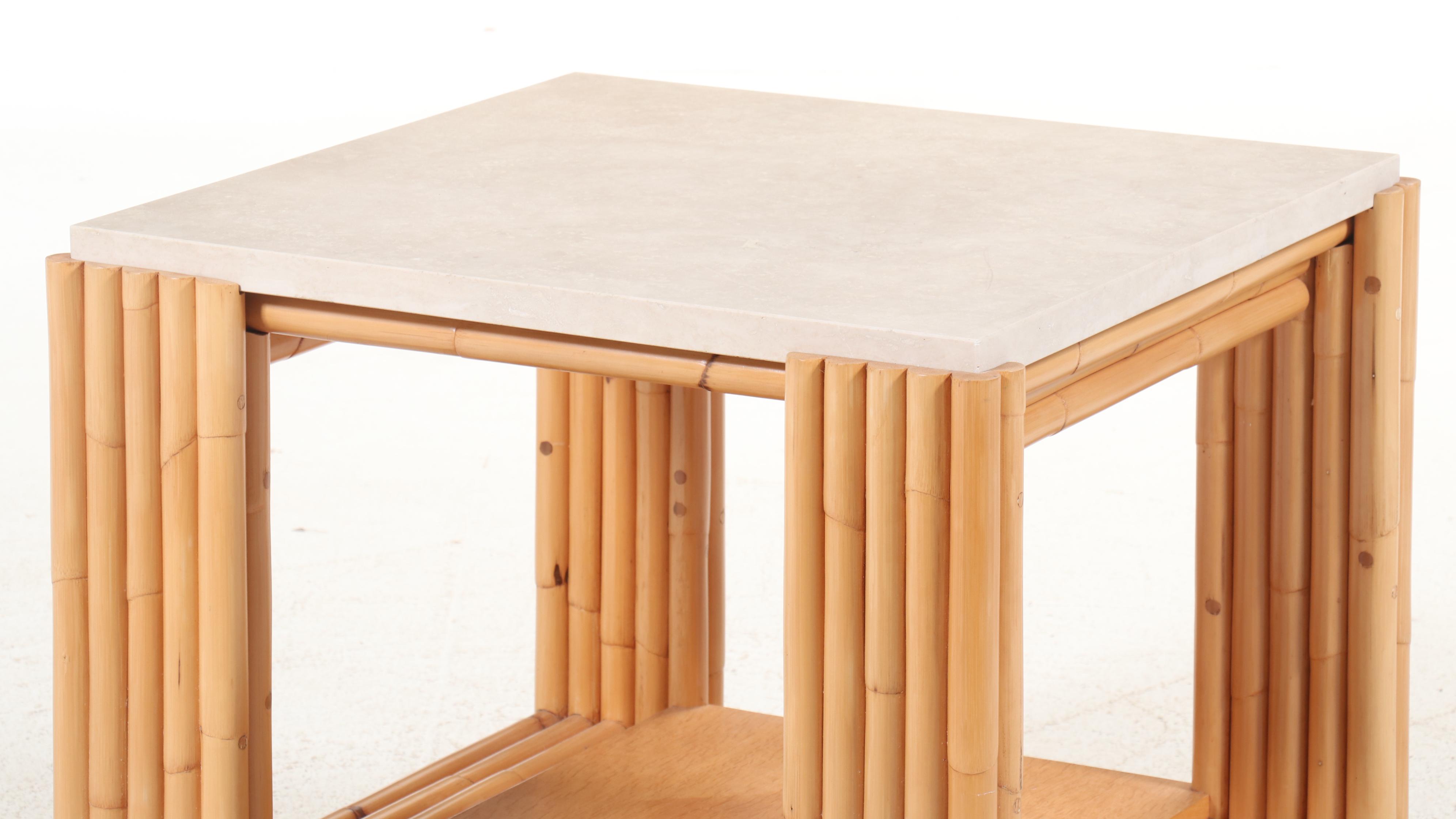 Modernist Style Rattan and Stone Top Side Table