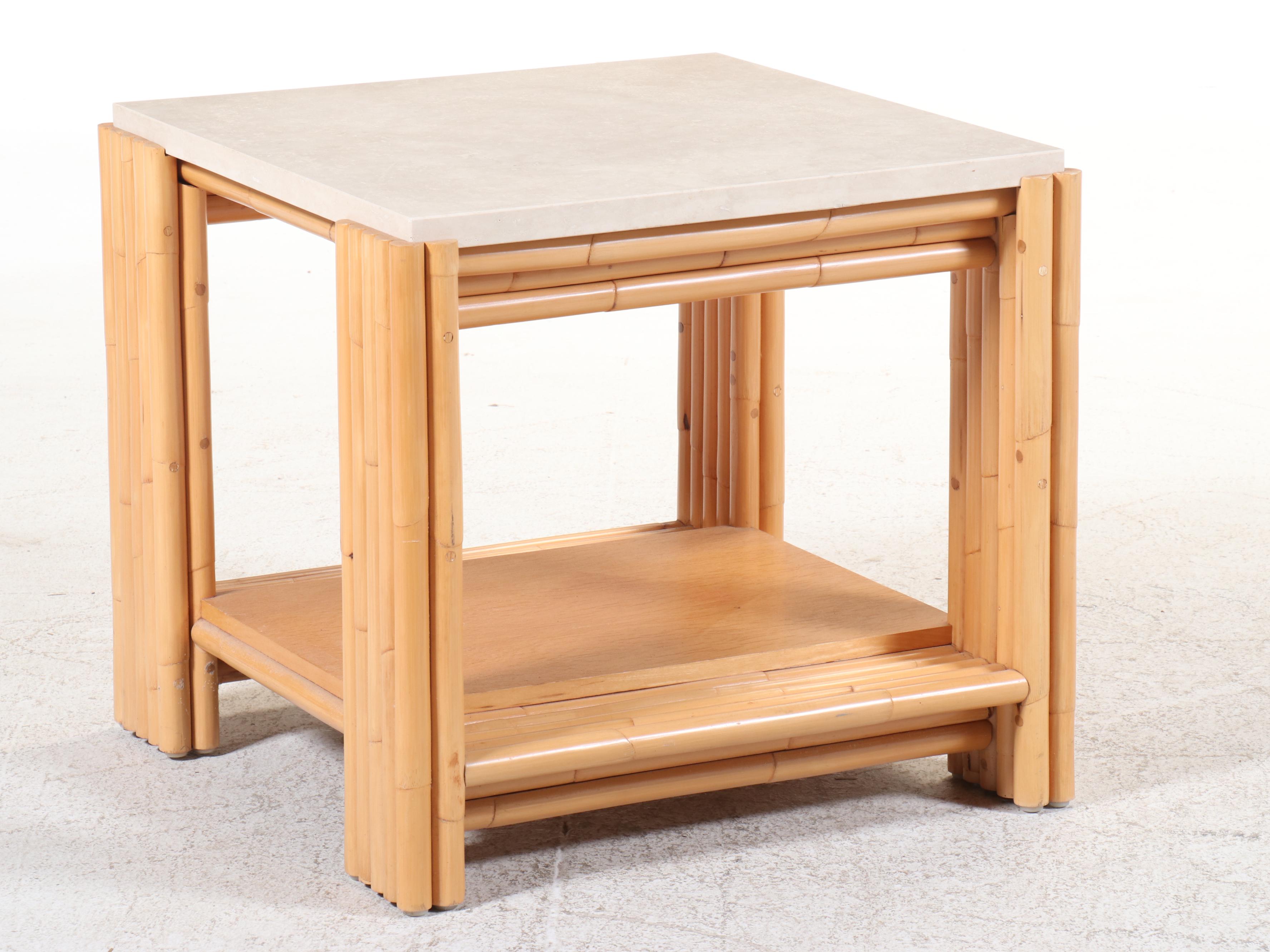 Modernist Style Rattan and Stone Top Side Table