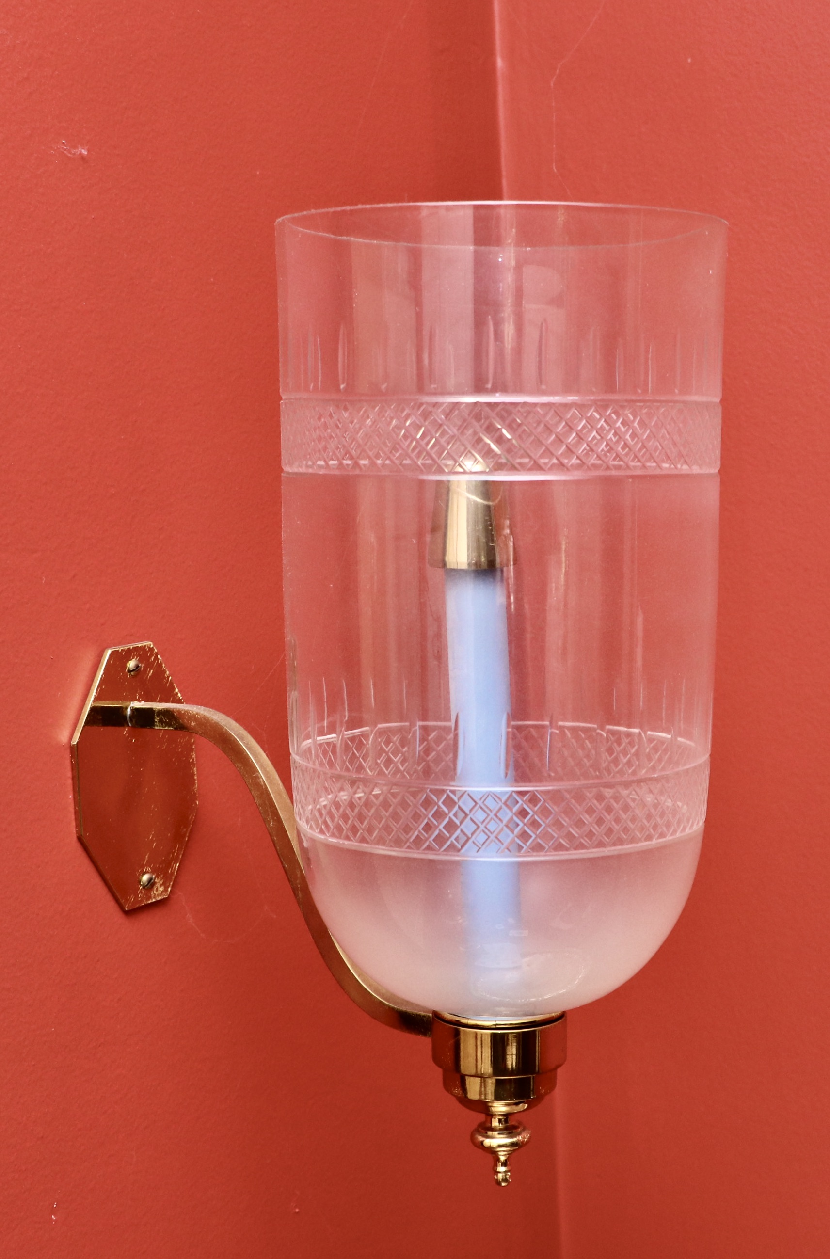 Regency Style Brass Candle Sconces with Etched Glass Hurricanes