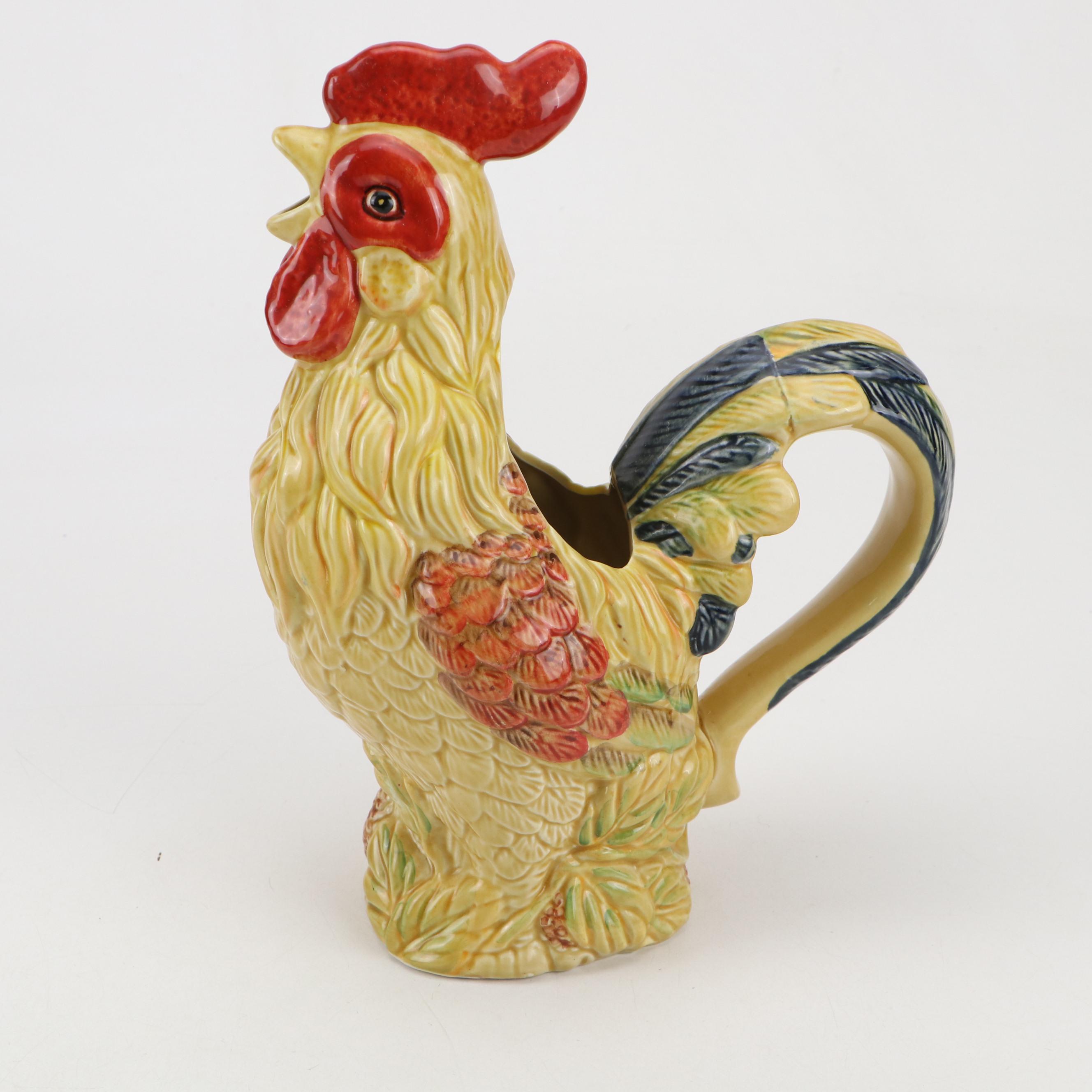 Maxcera Pottery "Orange Rooster" Pitcher with Rooster Motif Amphora Vase