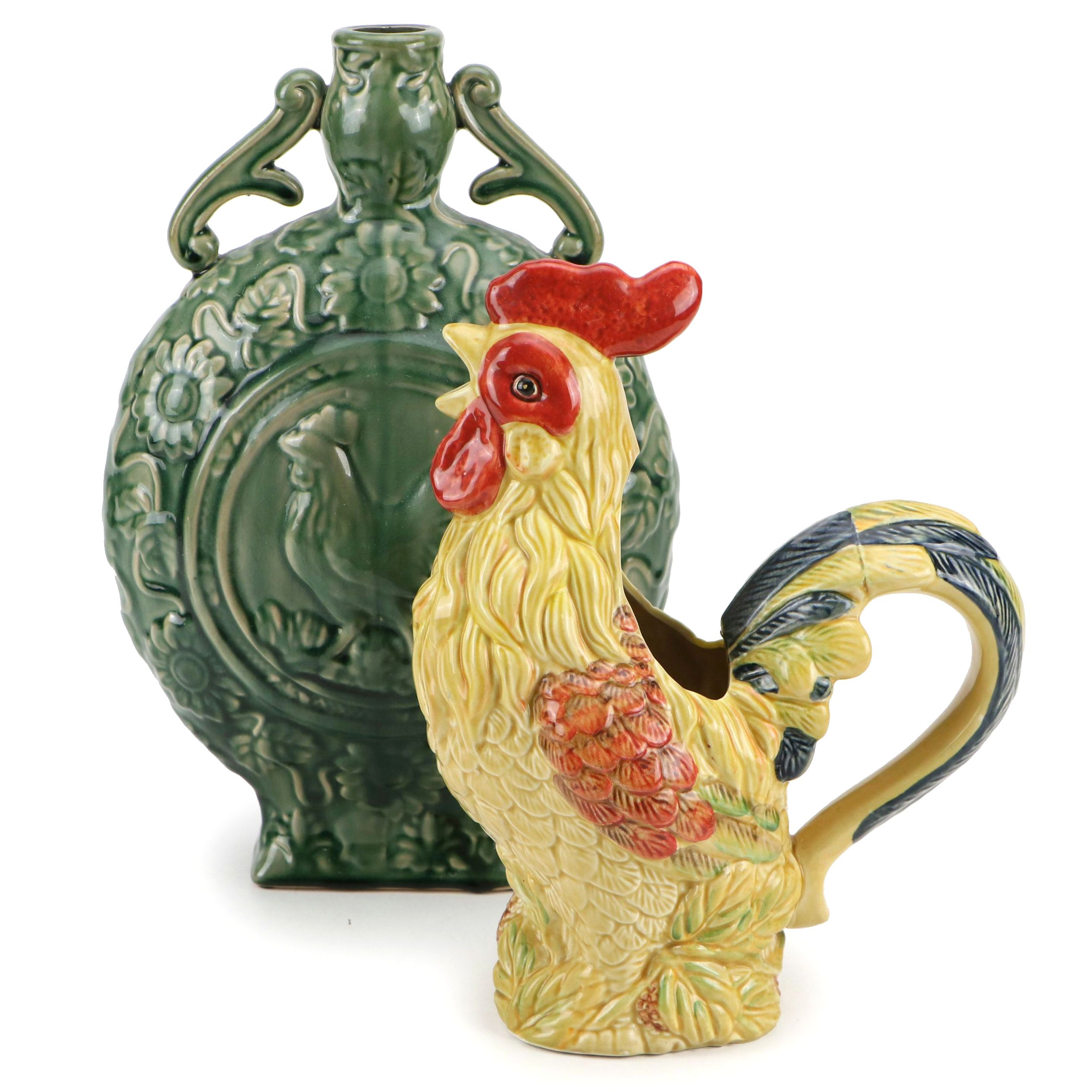 Maxcera Pottery "Orange Rooster" Pitcher with Rooster Motif Amphora Vase