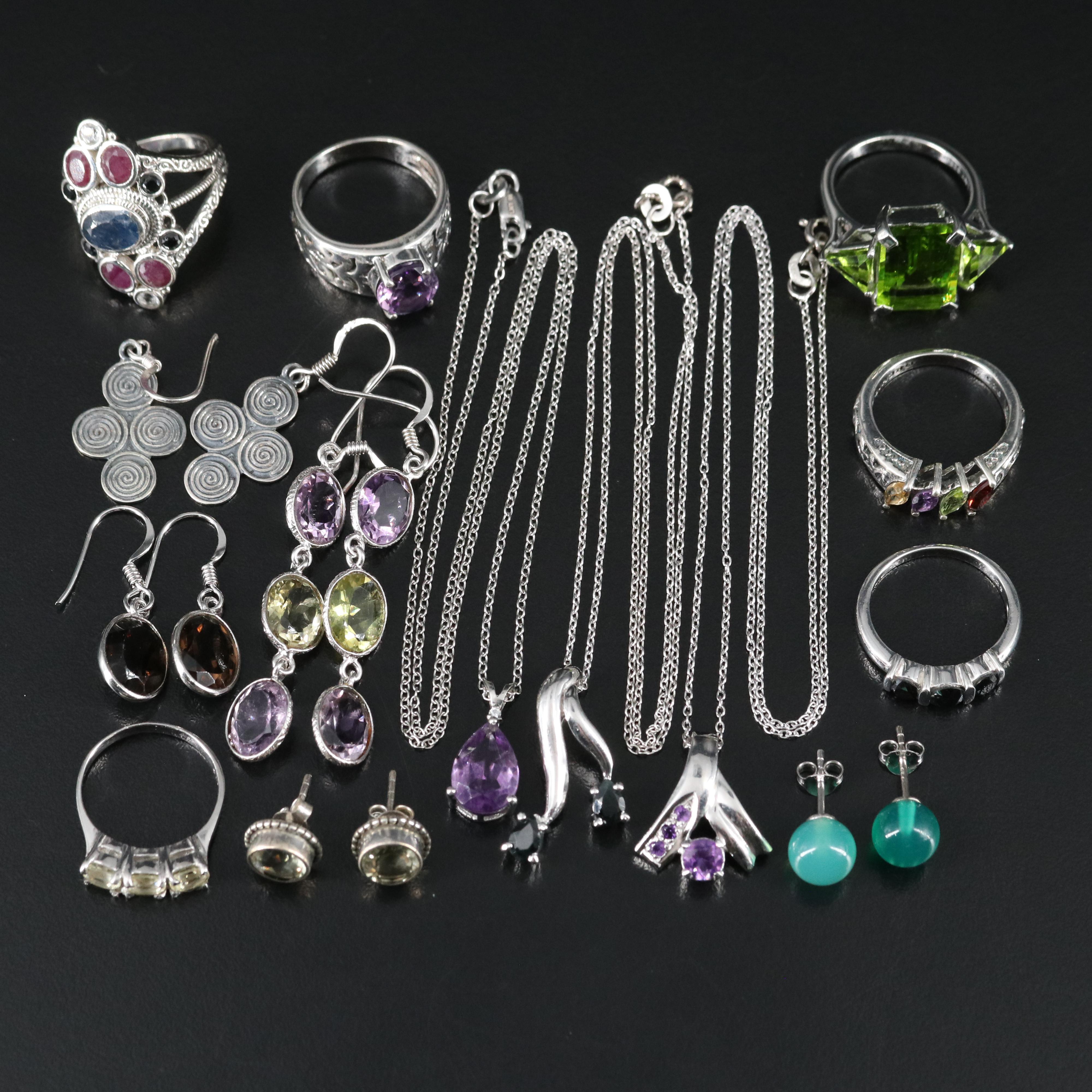 14 Assorted Sterling Silver Rings, Necklaces, and Earrings