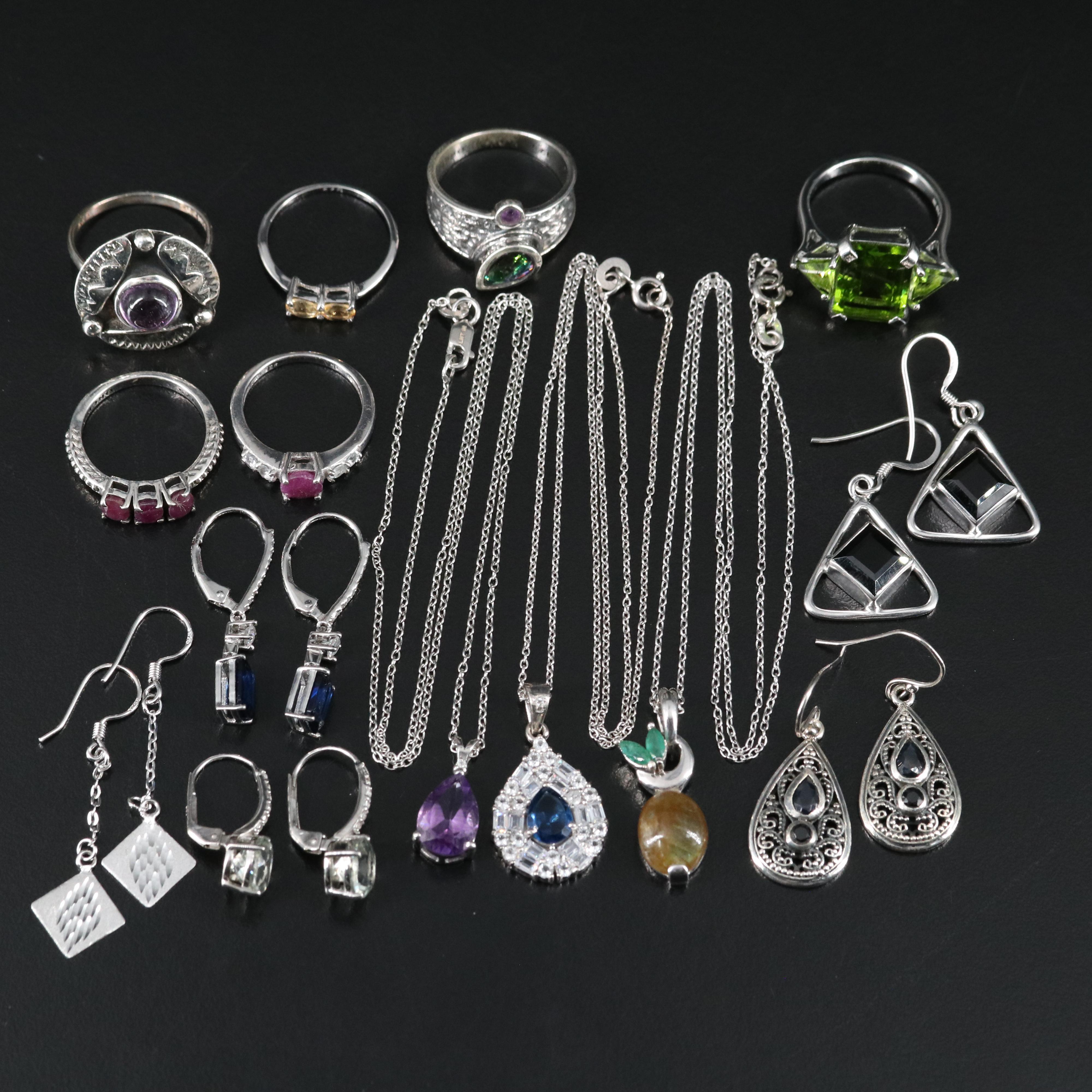14 Assorted Sterling Silver Rings, Necklaces, and Earrings