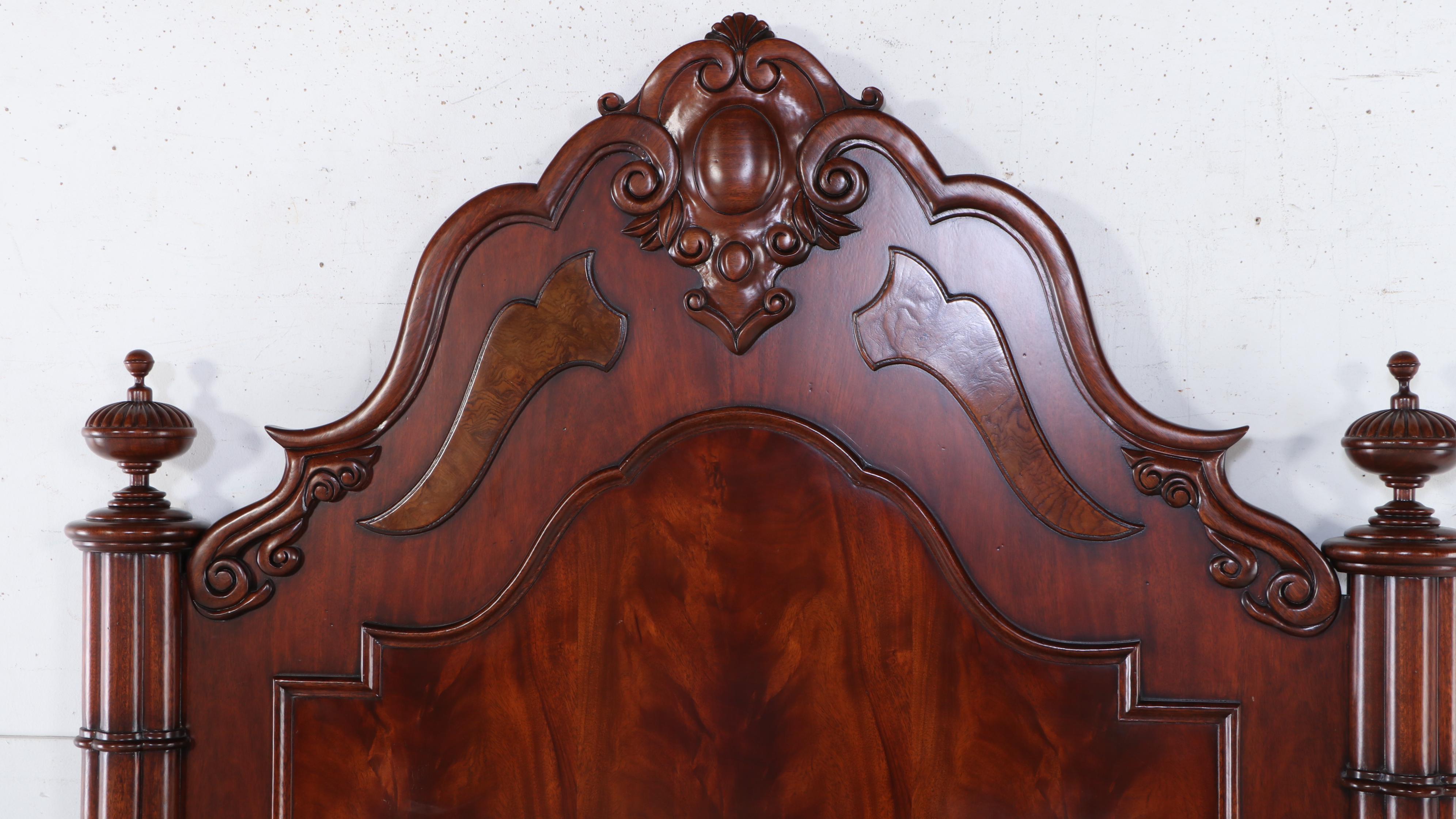 Renaissance Revival Style Flame Mahogany and Elm Queen Size Bed Frame