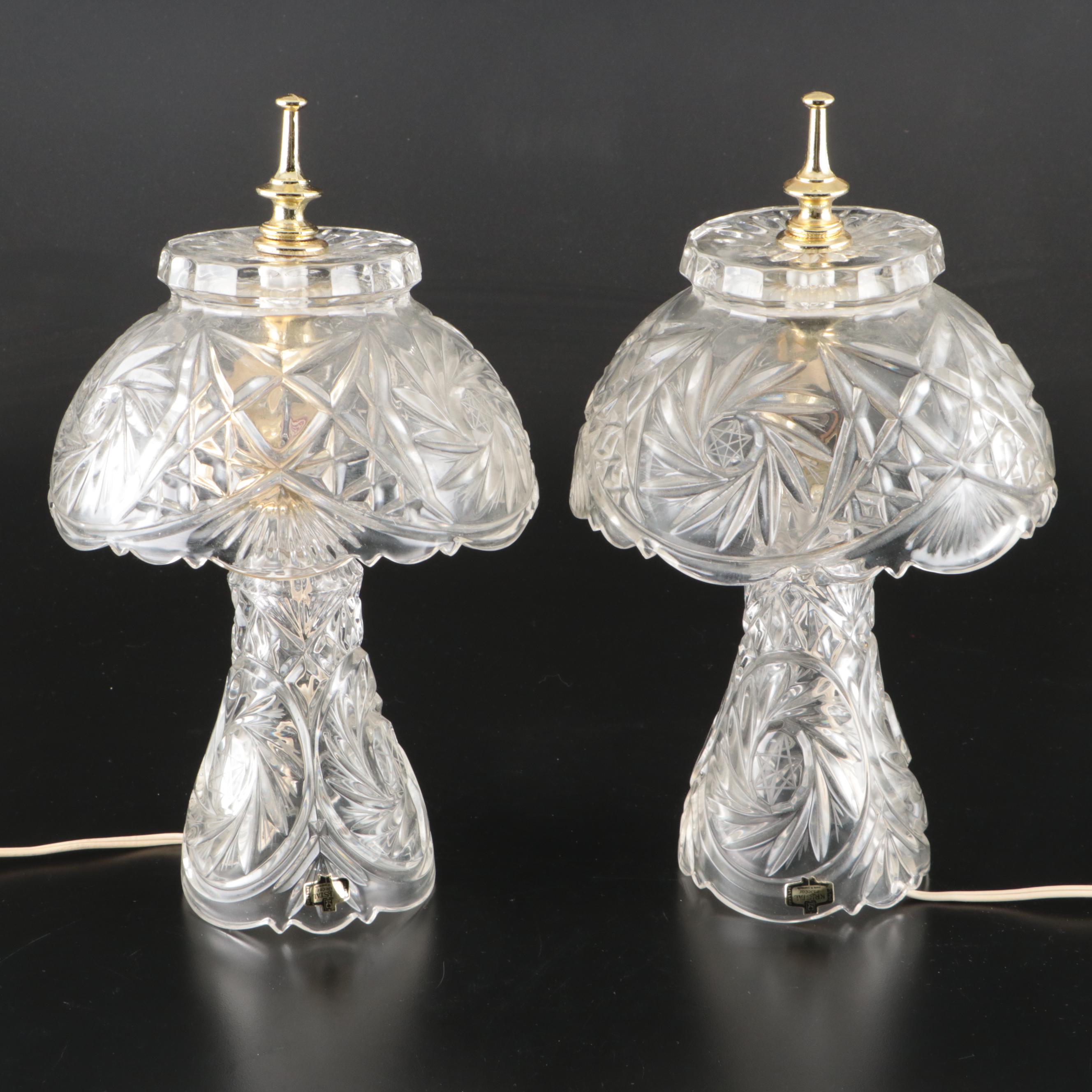 Pair of Kristal Zaječar Cut Crystal Mushroom Boudoir Lamps