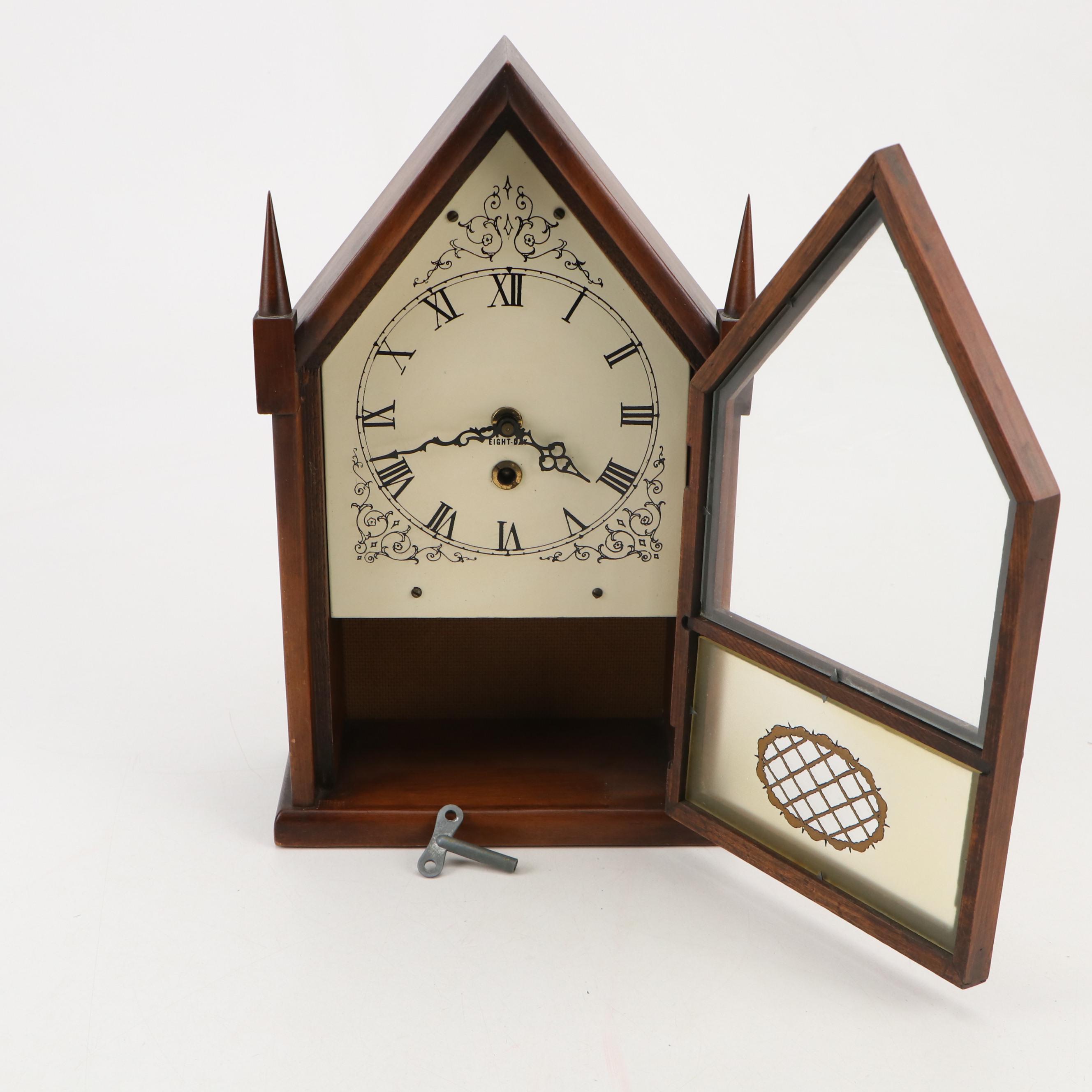 Three Mountaineers German Wooden Eight Day Steeple Clock