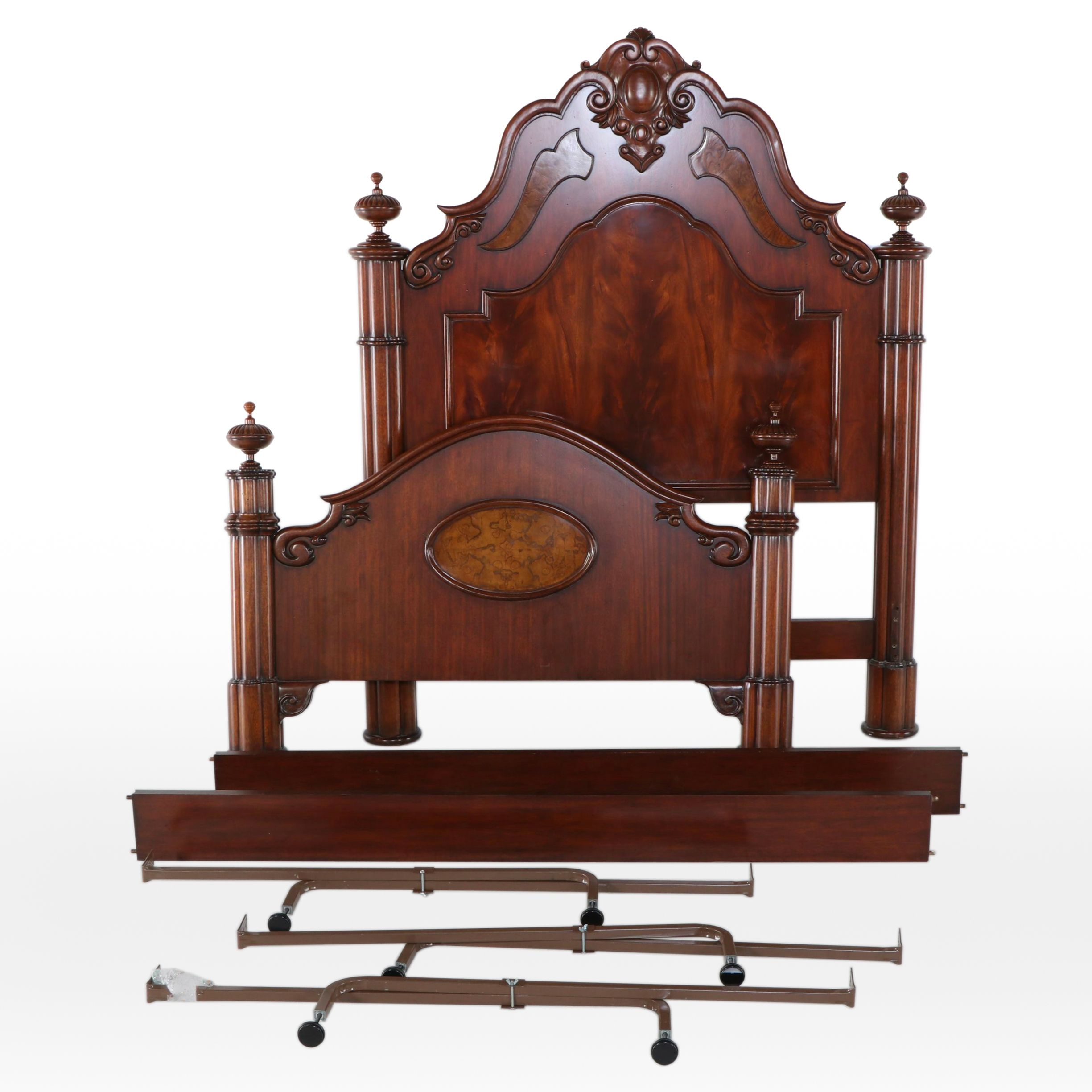 Renaissance Revival Style Flame Mahogany and Elm Queen Size Bed Frame