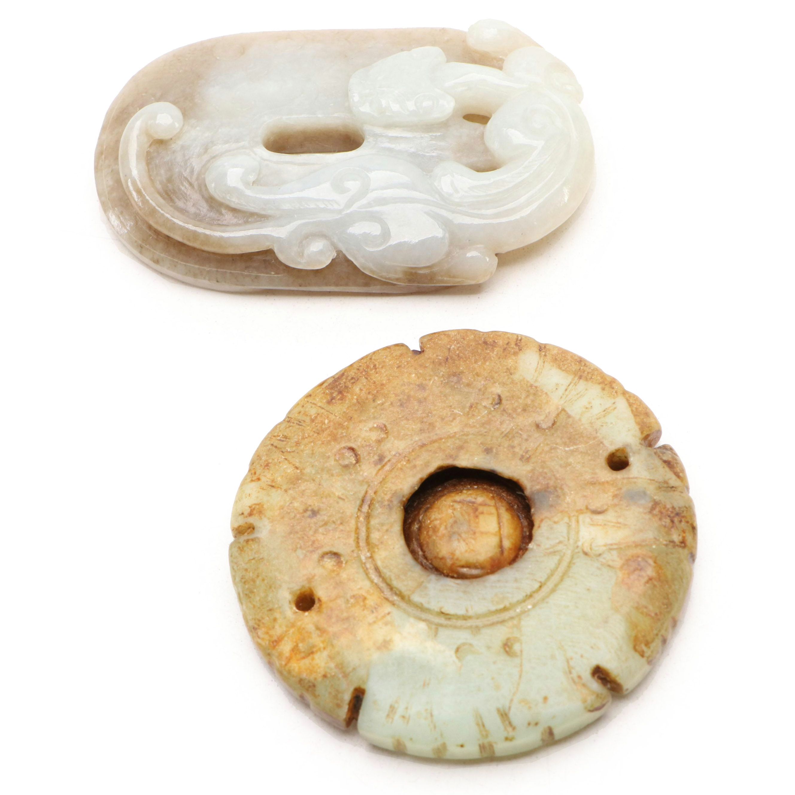 Round Nephrite Jade Ming Dynasty Pendant and Elliptical Qing Dynasty Pendant