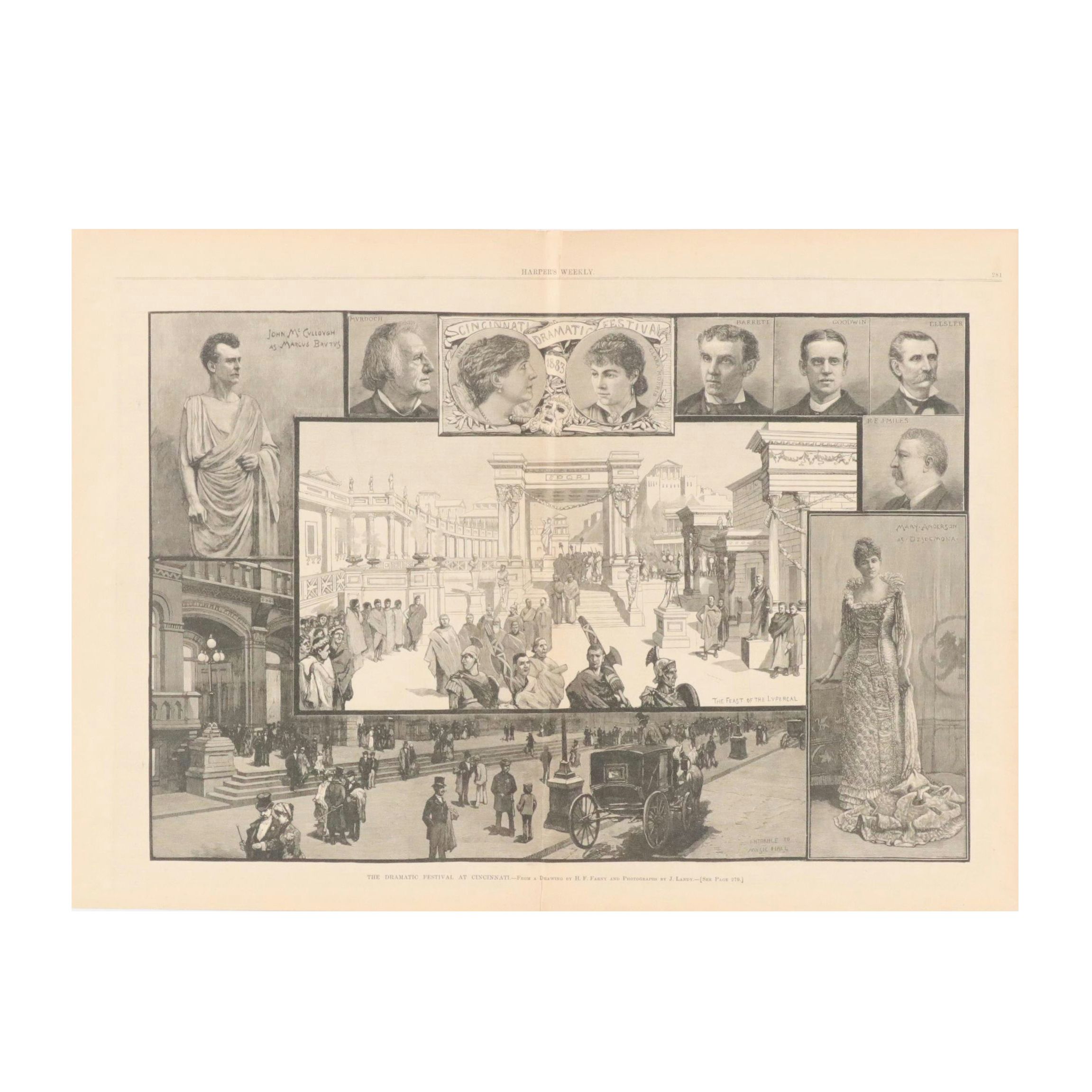 Harper's Weekly Wood Engraving "The Dramatic Festival at Cincinnati," 1883