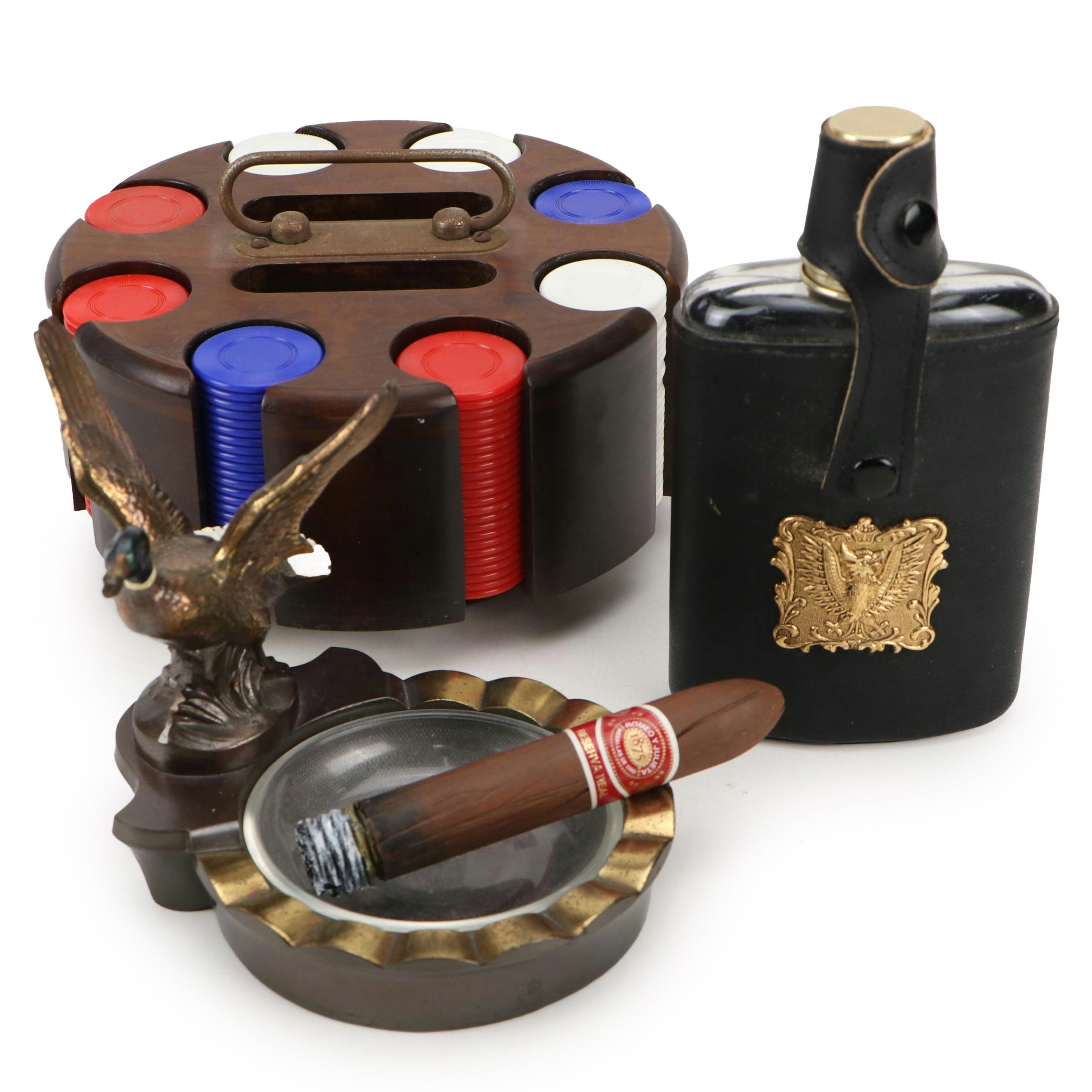 Philadelphia Mfg. Duck Ashtray with Wooden Poker Caddy and Other Accessories