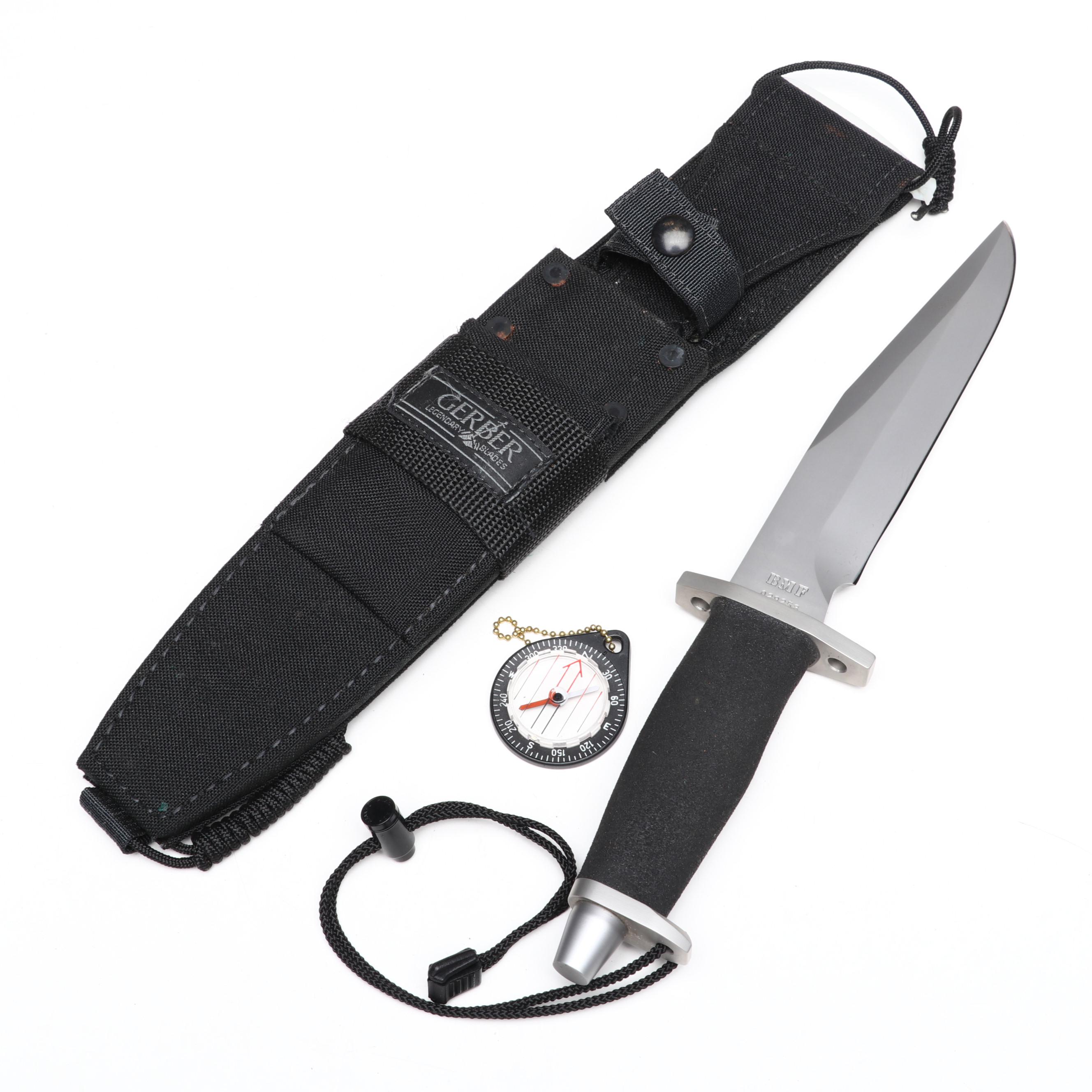 Gerber BMF Steel and Rubber Handled Survival Knife in Scabbard