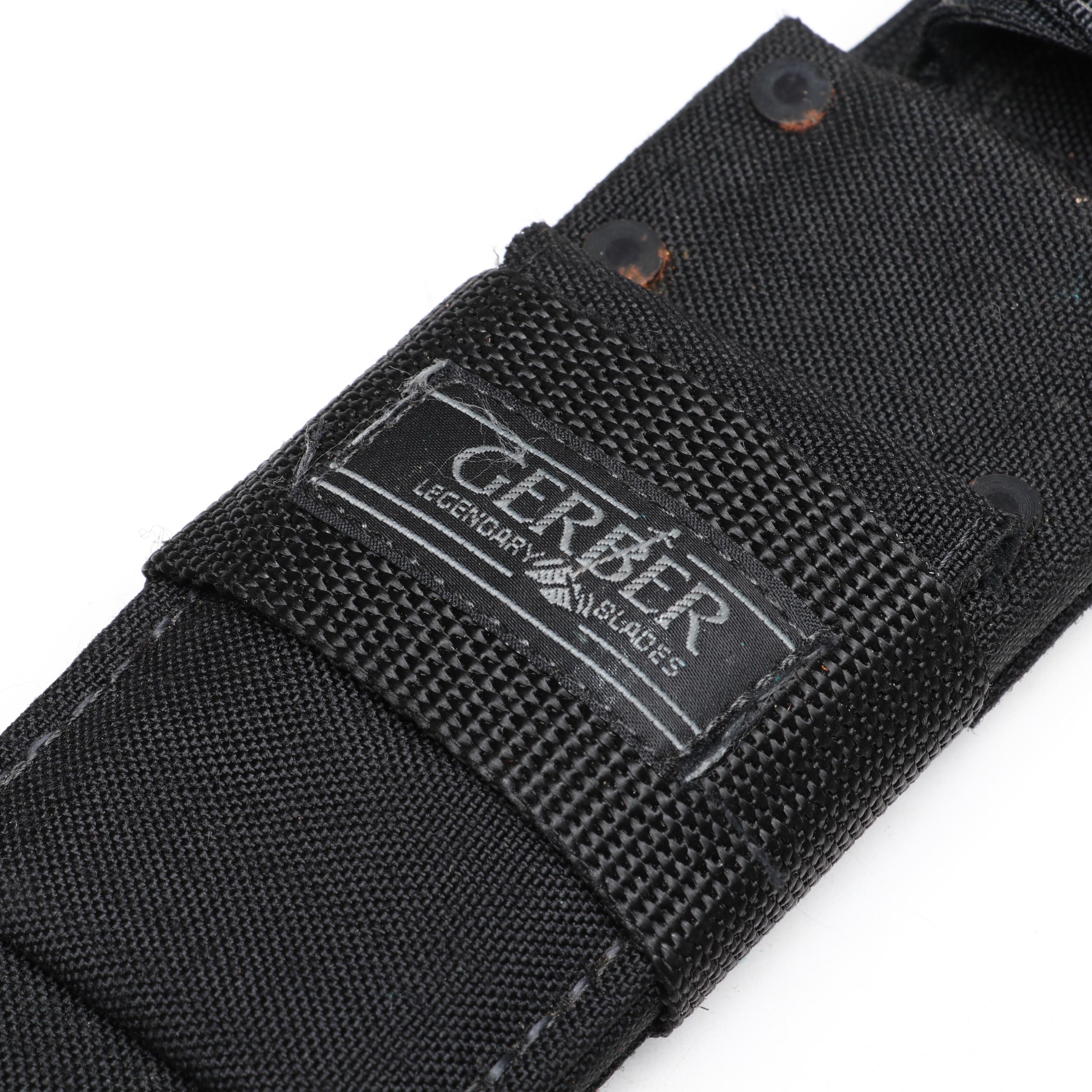 Gerber BMF Steel and Rubber Handled Survival Knife in Scabbard