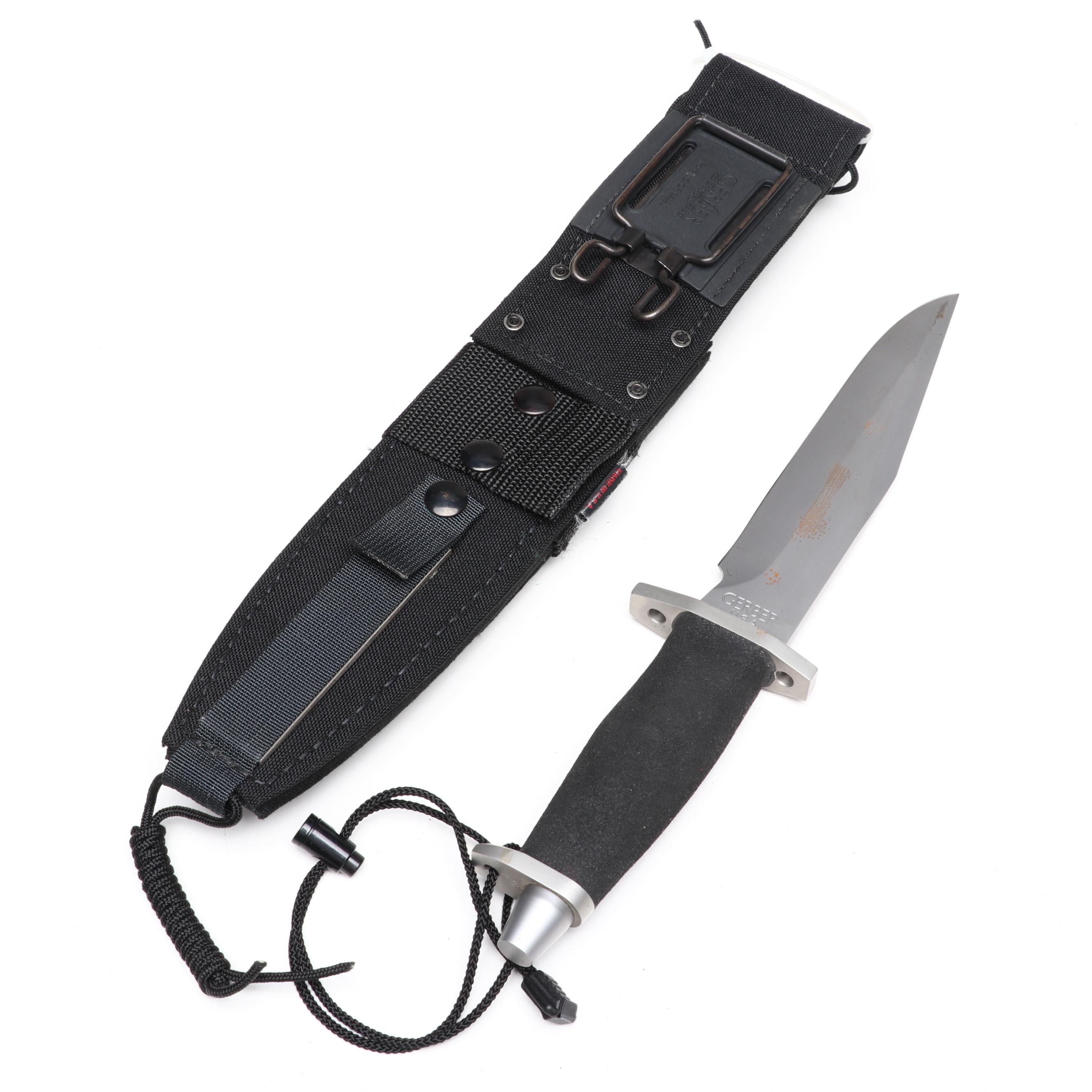 Gerber BMF Steel and Rubber Handled Survival Knife in Scabbard